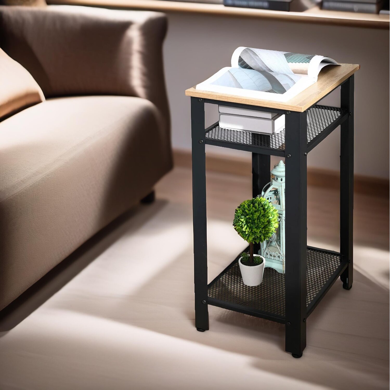 3 Tier Side Table With Mesh Shelves - Natural Brown
