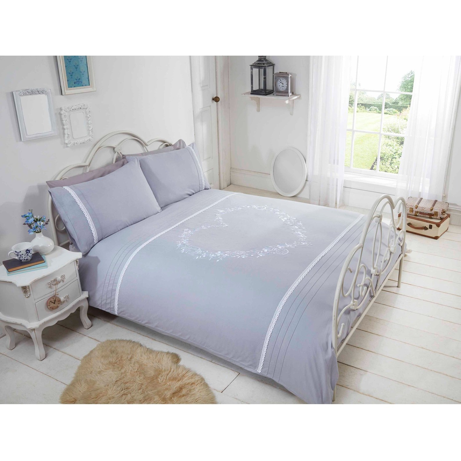 Heart Embroidered Polycotton Duvet Set With Pillowcase - Grey