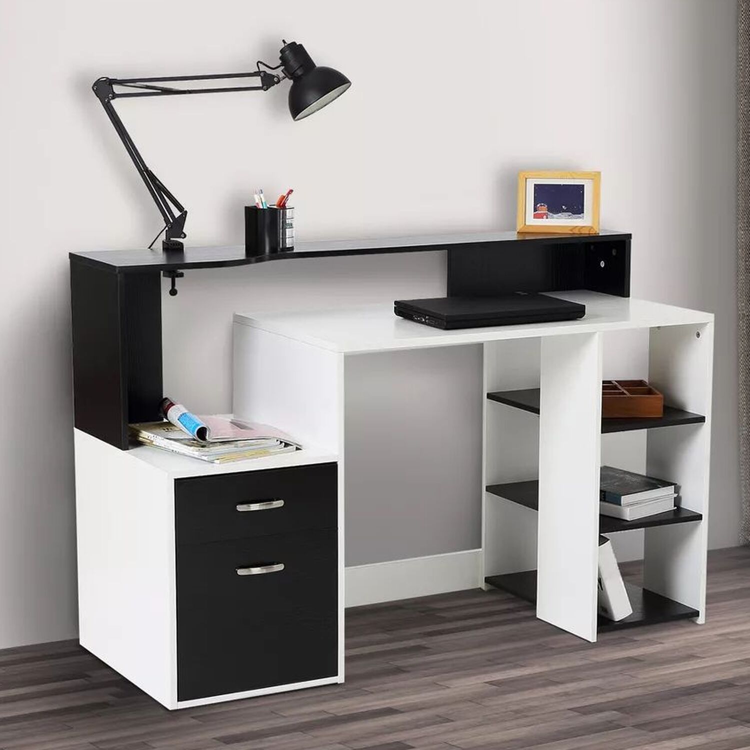 Modern Computer Desk With Drawers And Tray - Black And White
