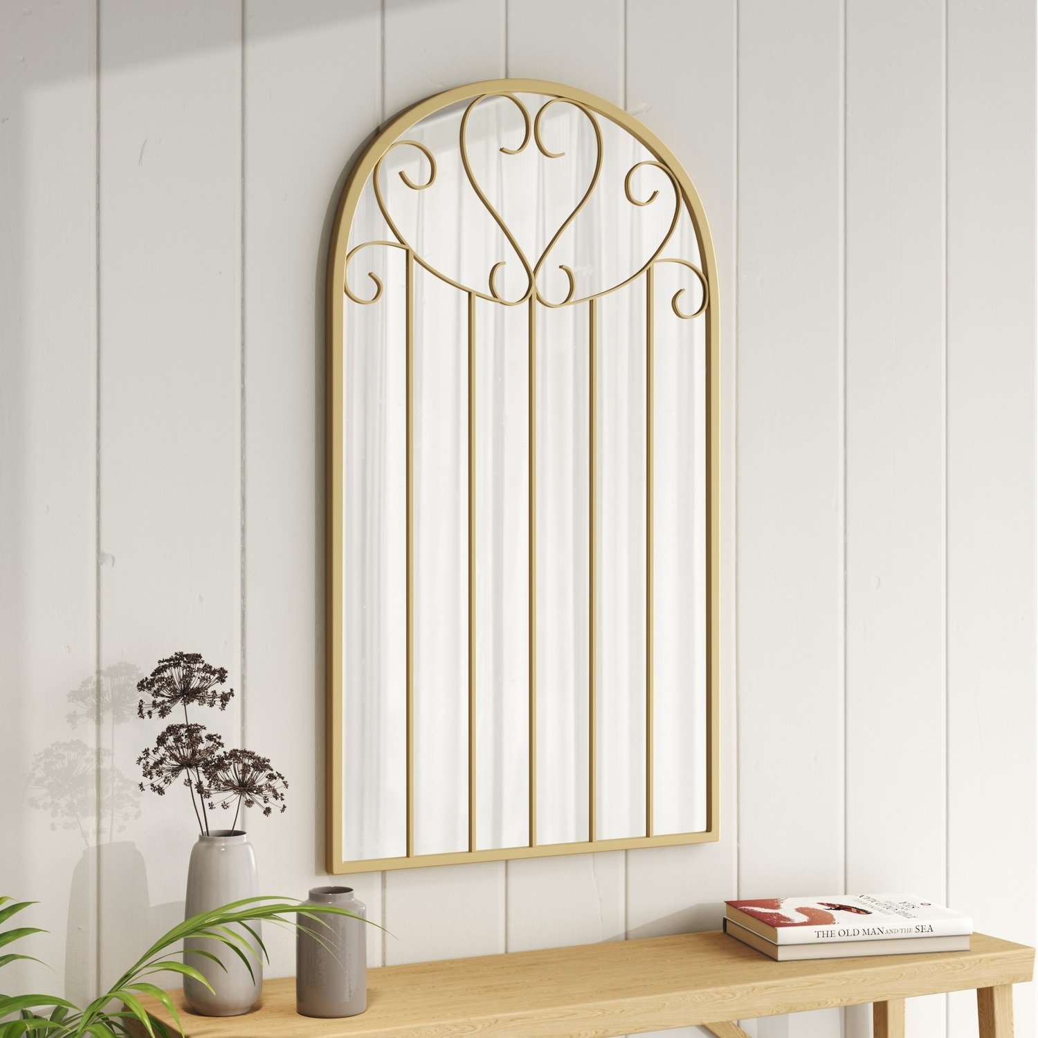 Image of Gold Arched Windowpane Metal Wall Mirror&hellip;