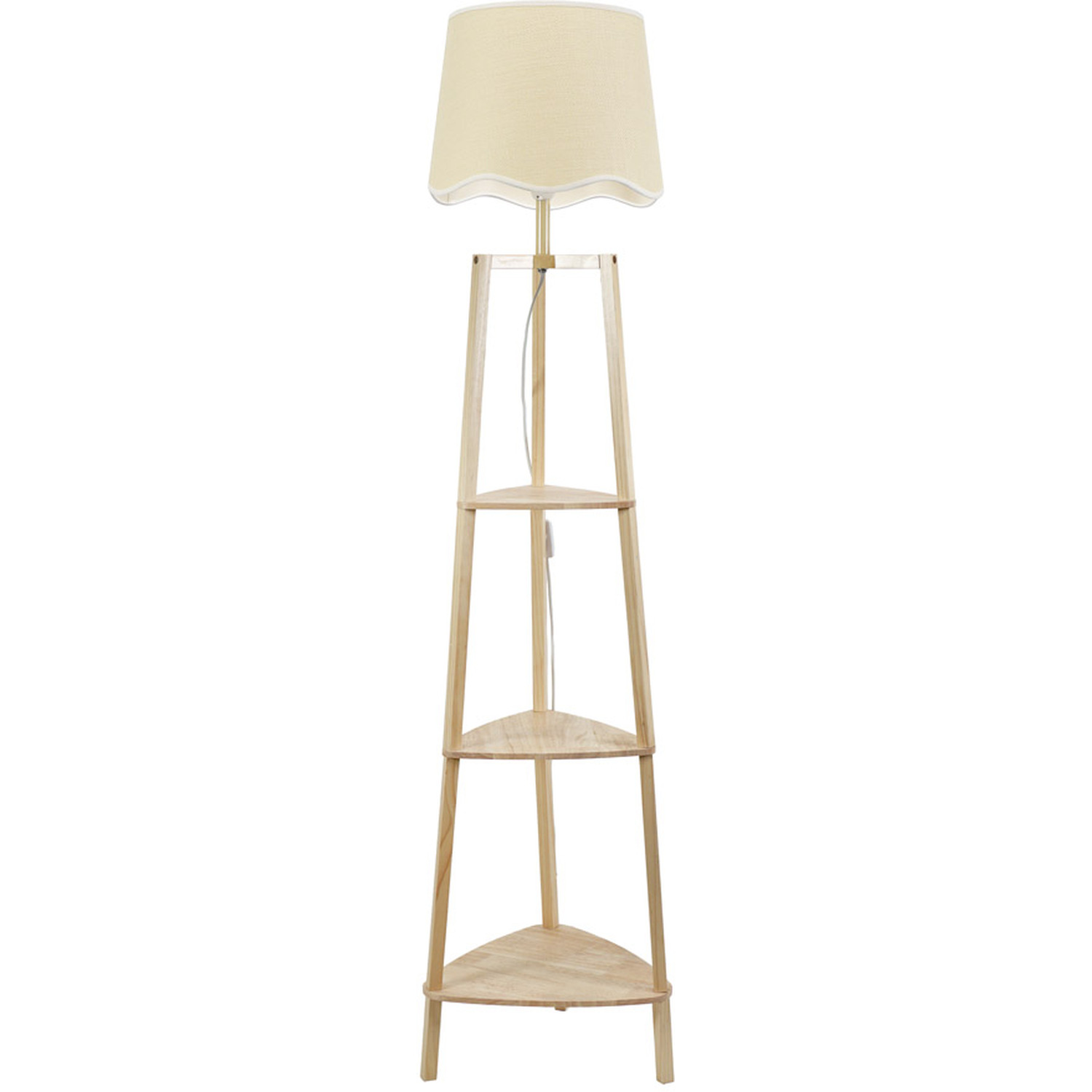 Hiru Three Tier Wooden Shelf Floor Lamp With Scallop Shade - White Bulb Included