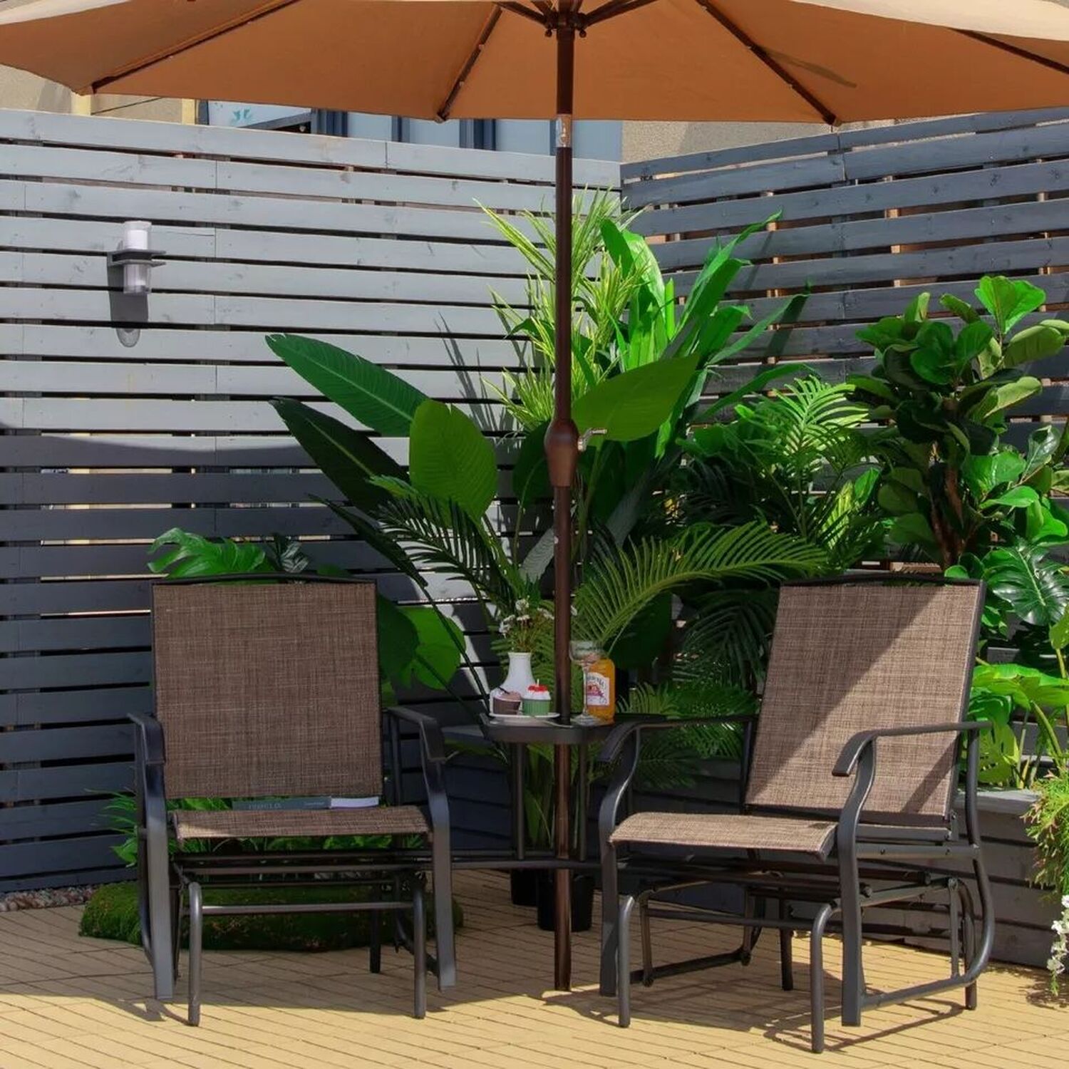 Rocking Garden Bistro Set Chair And Table With Hole For Umbrella - Brown