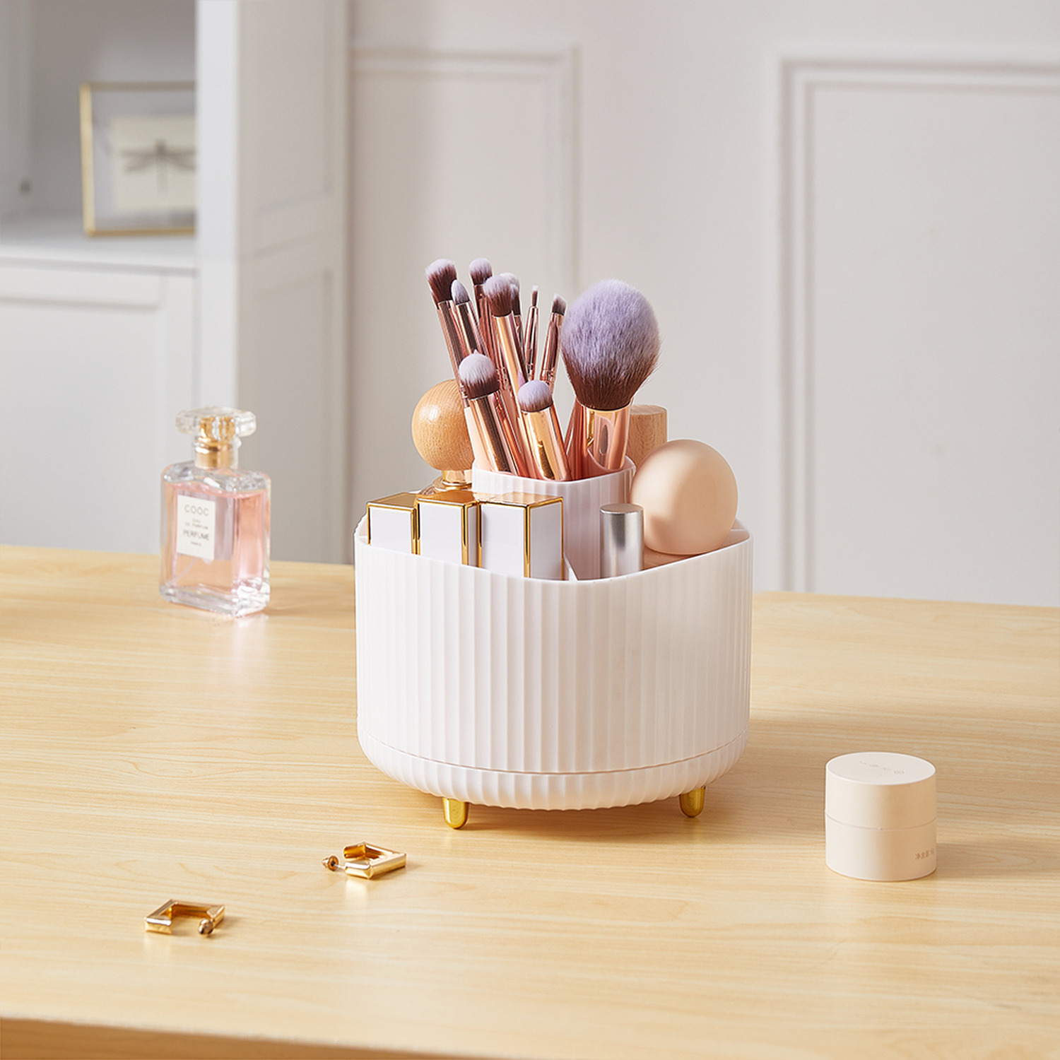 Rotating Makeup Brush Organizer with 5 Compartments - Silver