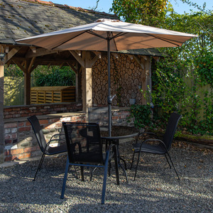 Round Glass Top Patio Dining Set with Beige Parasol and Base