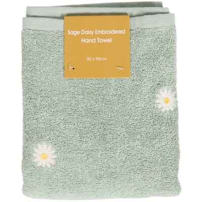 Sage Daisy Embroidered Hand Towel