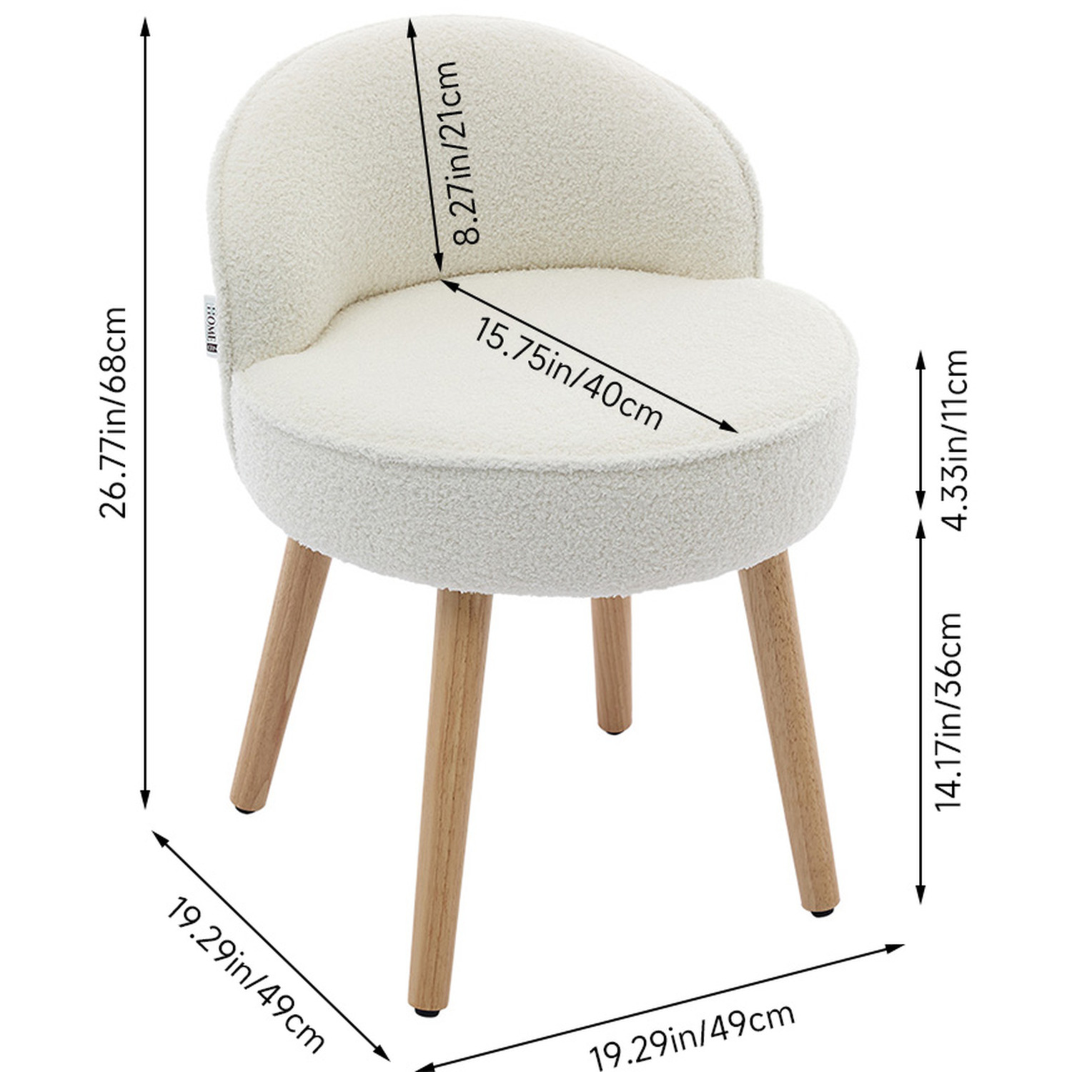 Teddy Fleece Dressing Table Stool With Solid Wood Legs - White
