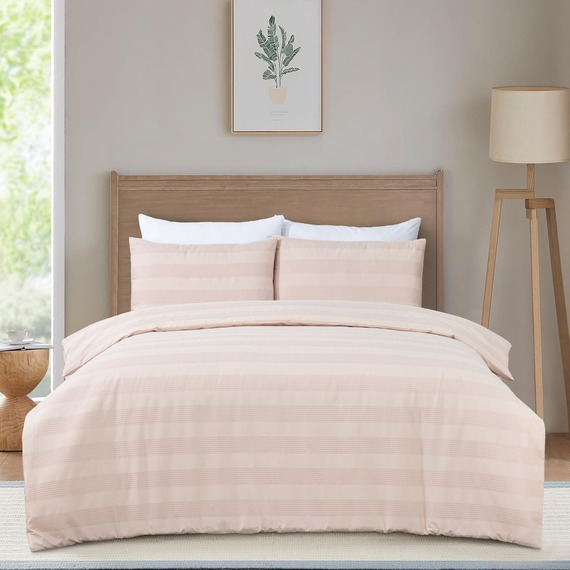 Waffle Stripe Duvet Cover Set Soft Polycotton Blend - Dusty Pink