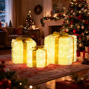 Set of 3 Christmas Pre-Lit Tinsel Present Boxes