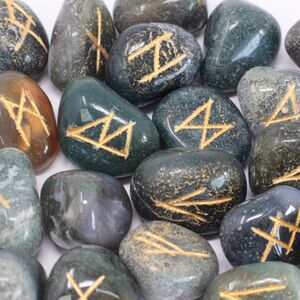 Runes Stone Set in Pouch Moss Agate