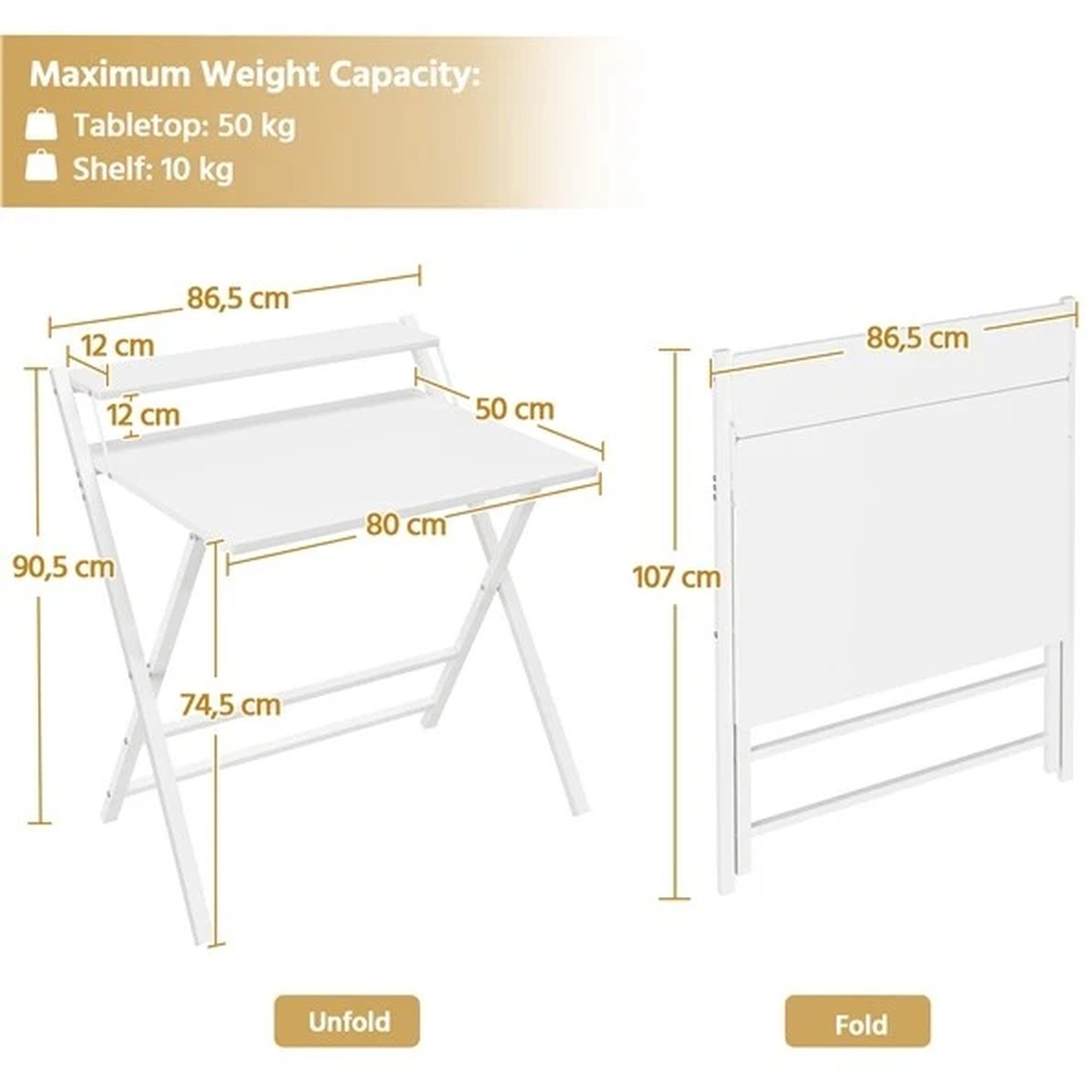2-tier Foldable Computer Desk With Monitor Shelf - White