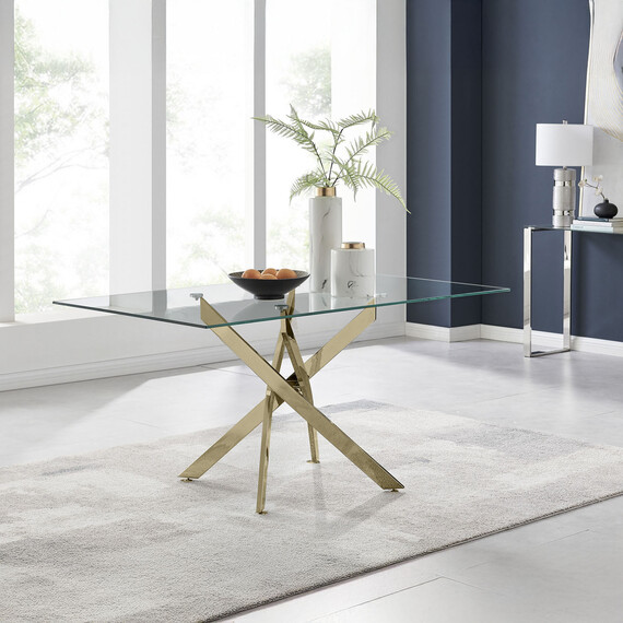 Leonardo Glass and Gold Leg Modern 6 Seat Dining Table