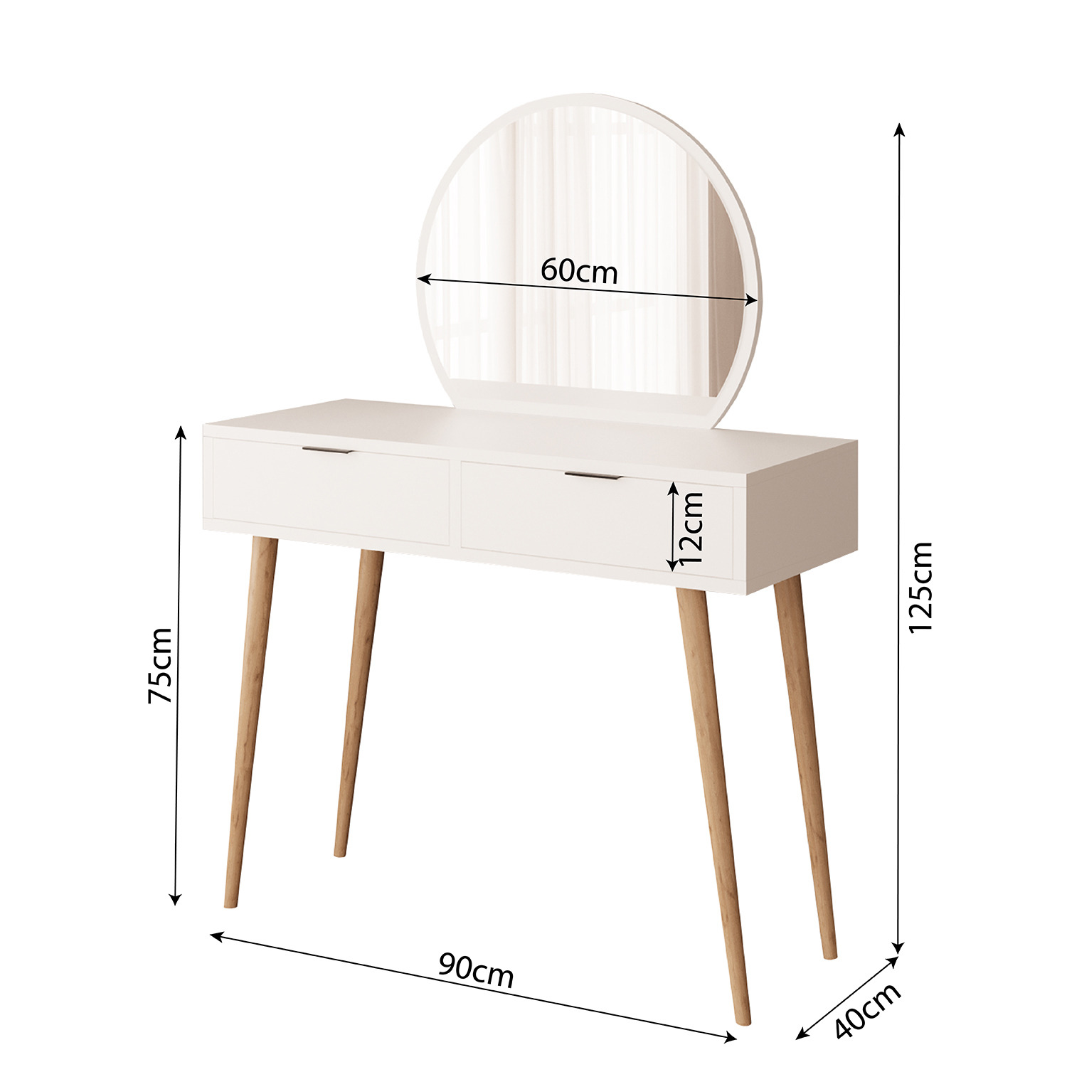 Lucy Vanity Dressing Table With Round Mirror - White