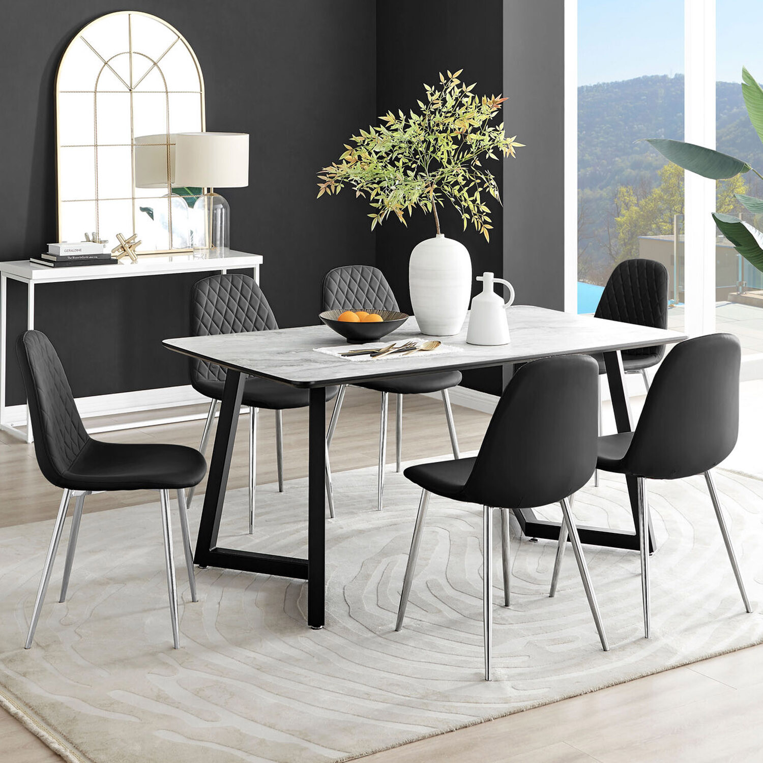 Furnitureboxuk Carson White Marble Effect Dining Table And 6 Corona Silver Chairs - Black