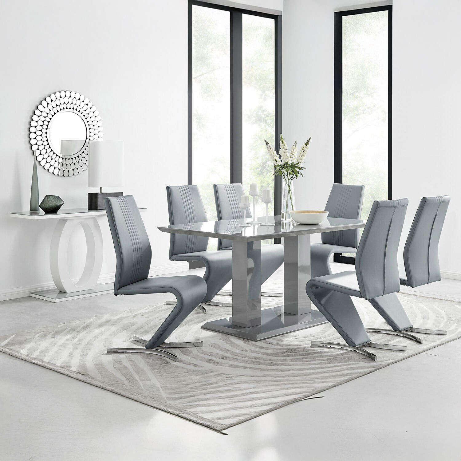 Imperia Grey High Gloss Dining Table with 6 Willow Chairs - Grey