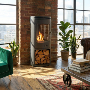 OKO S7 Bio Ethanol Panoramic Stove with Log Storage in Charcoal Grey