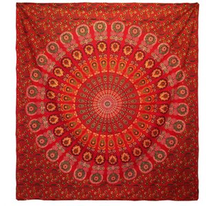 Double Cotton Bedspread  Wall Hanging - Peacock Mandala in Red
