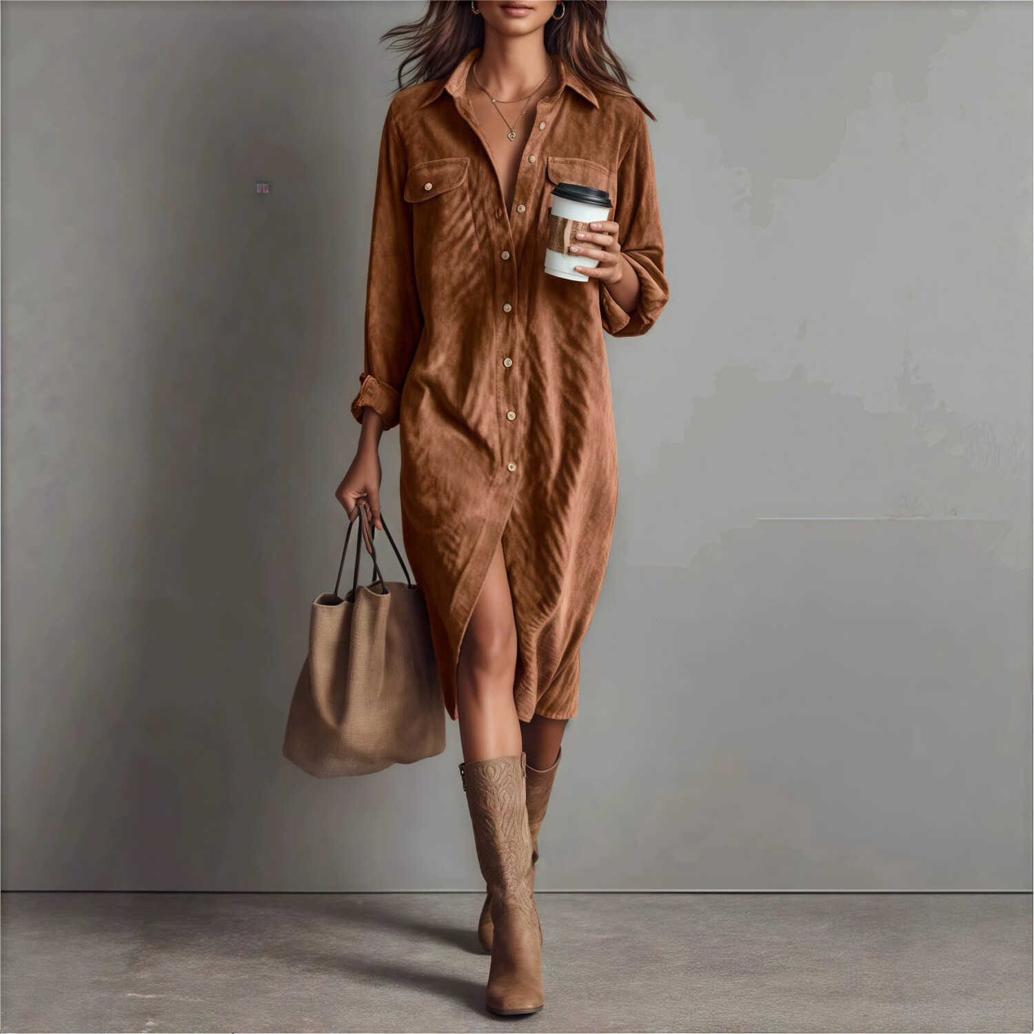 Women Casual Shirt Dress Long Sleeve Button Down Midi Dress