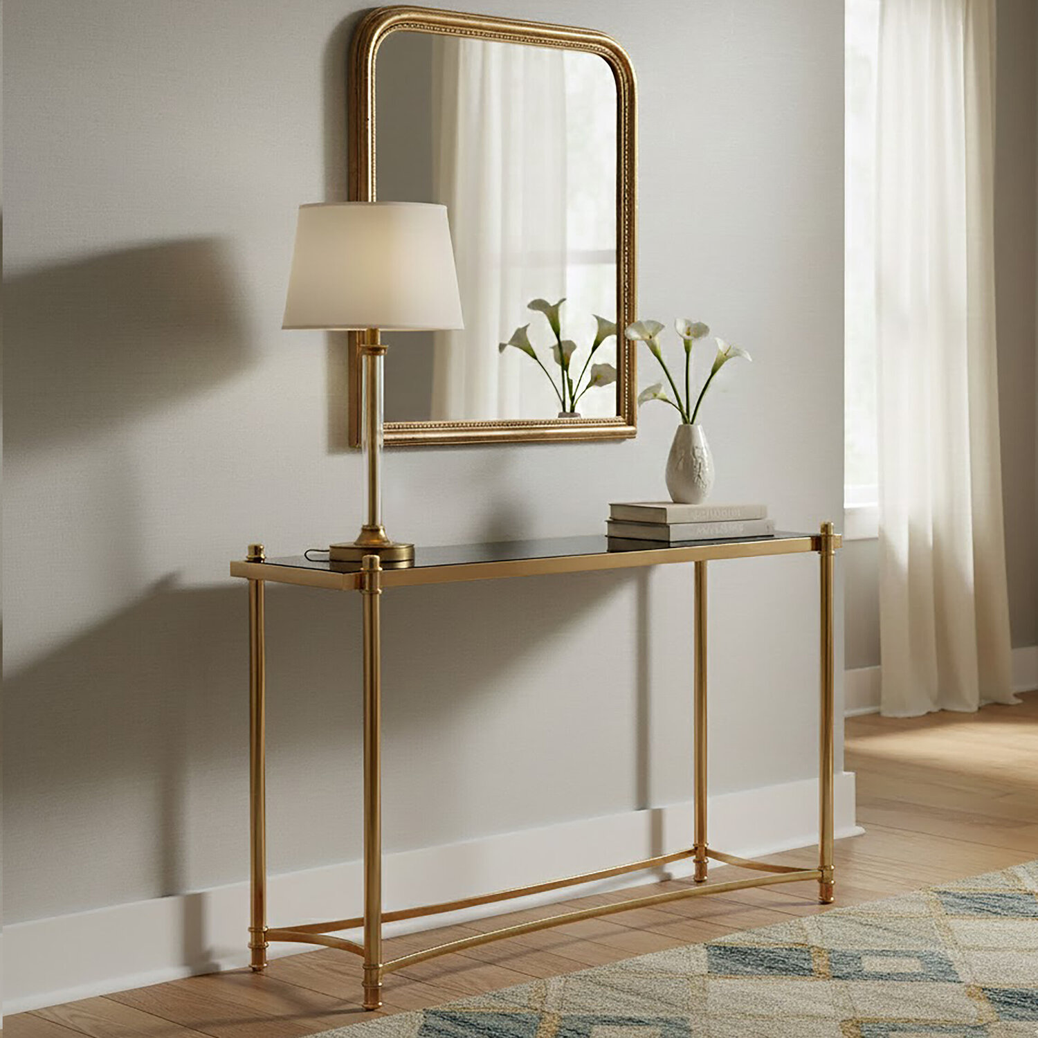 Ackley Gold Console Table with Black Glass - Gold