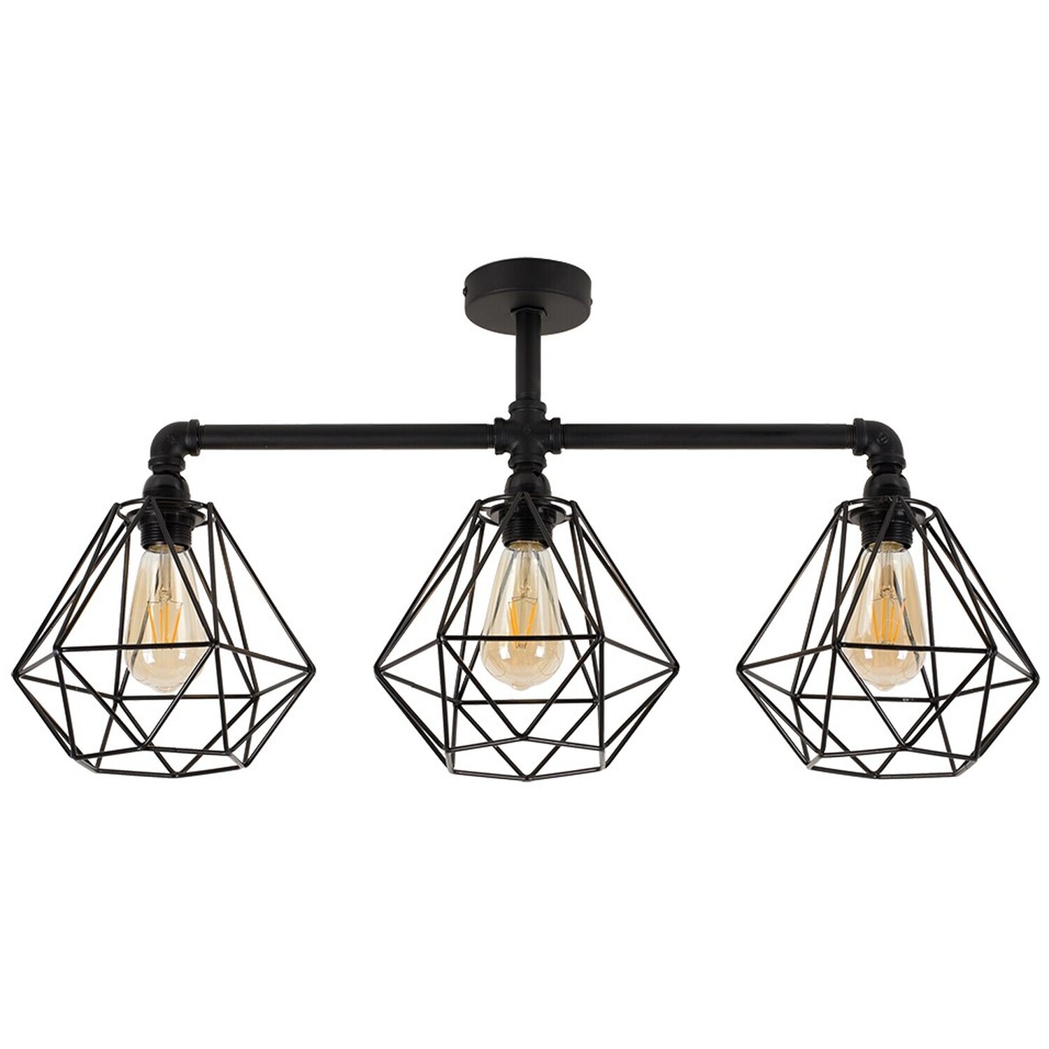 Valuelights Luiggi 5 Way Satin Black Pipework Bar Ceiling Light With Copper Basket Cage Shades - Black / 36Cm