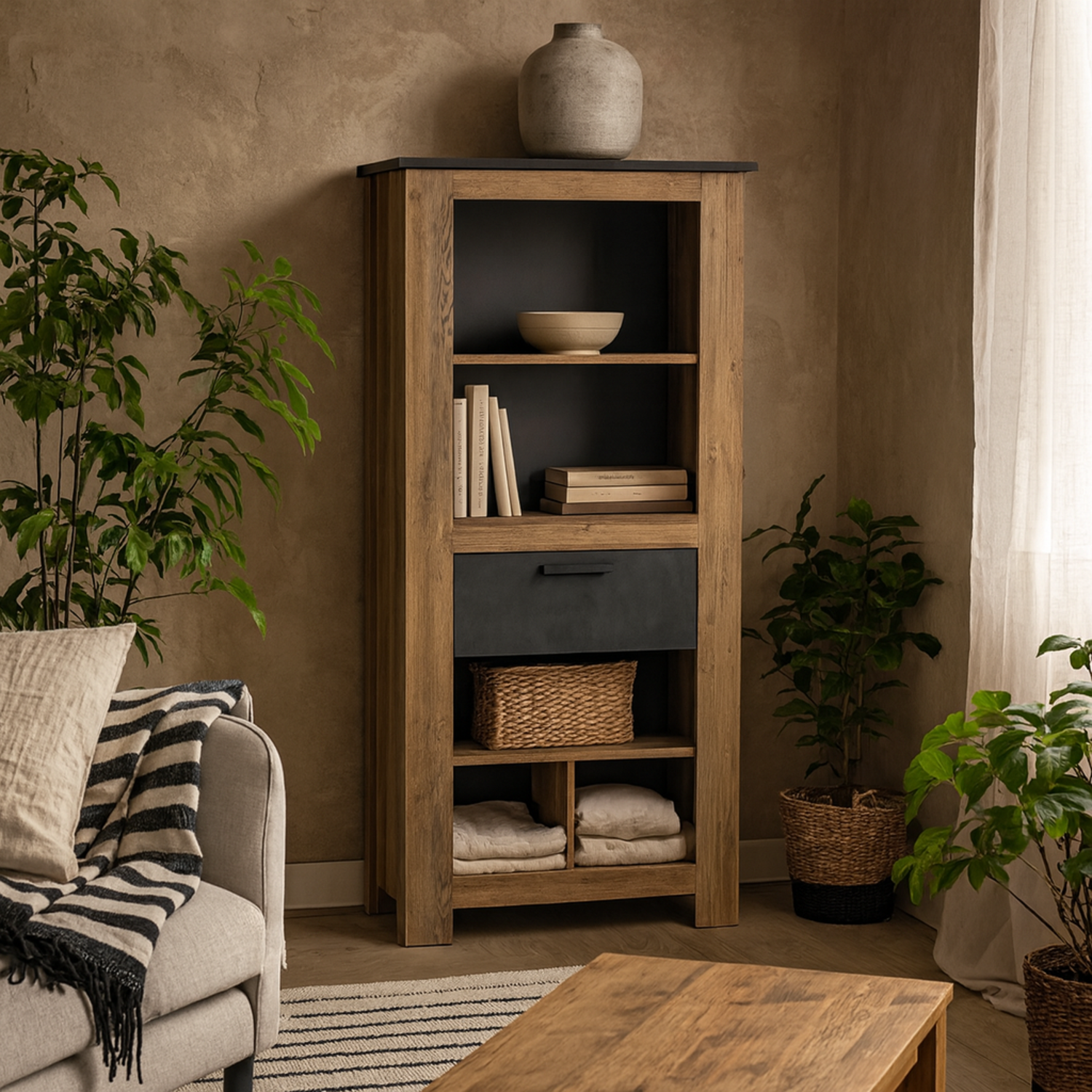 Juniper Freestanding 1 Drawer Bookcase Chestnut and Matera - Natural