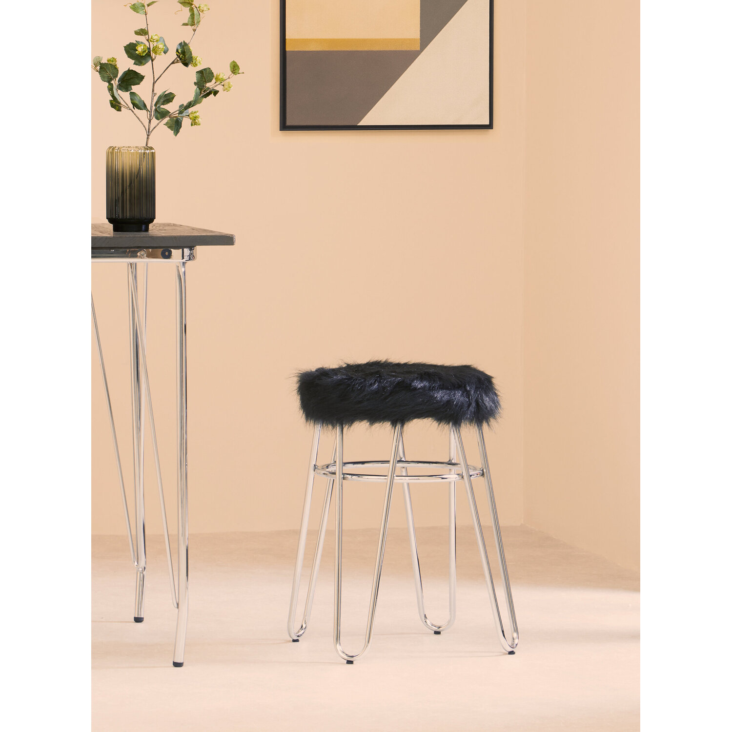 District Black Faux Fur Stool - Black