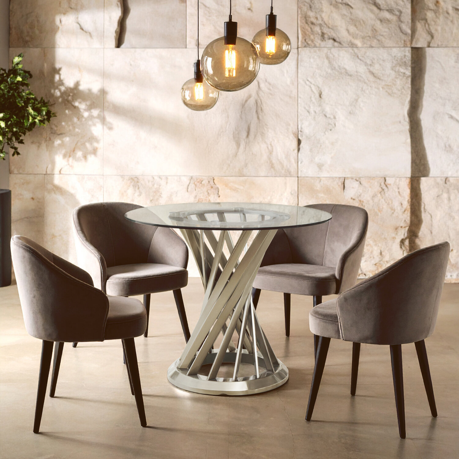 Anzio Clear Glass Top And Silver Hourglass Base Dining Table - Silver