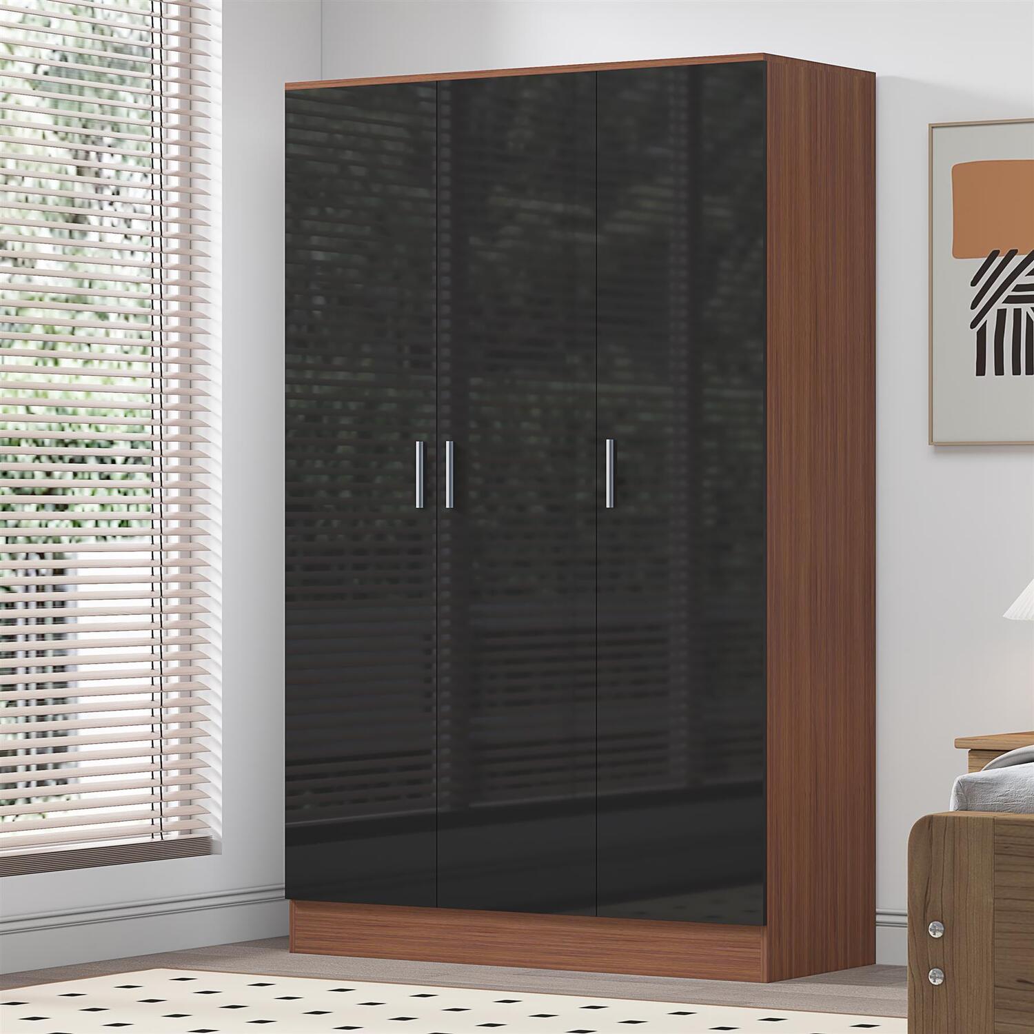 REFLECT Wardrobe 3 Door Plain - Black High Gloss Front / Walnut Matt Finish - Image 6