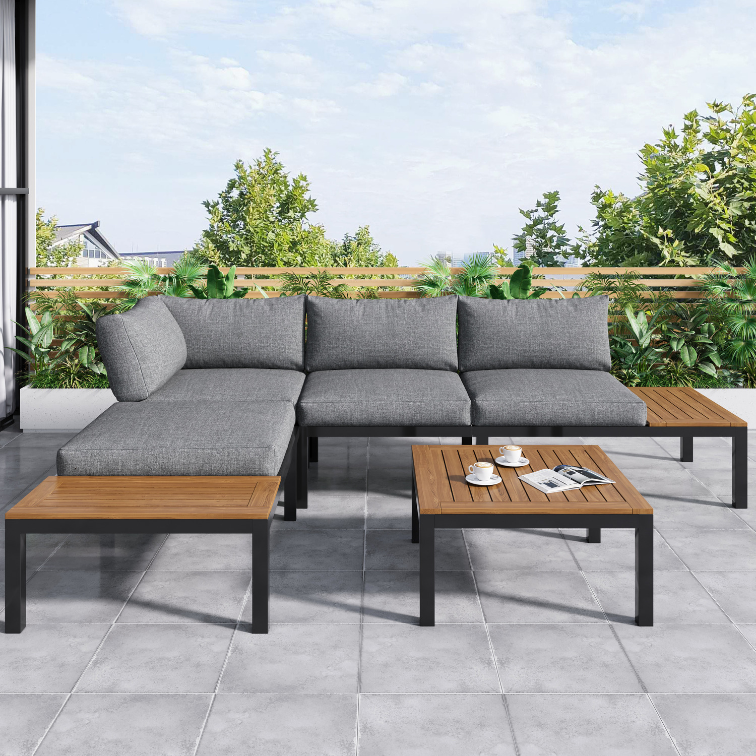 L-shaped Outdoor Lounge Set With Coffee Table - Grey