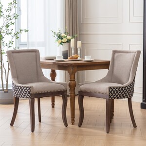 Bewley Linen Set of 2 Dining Chairs High Back Fabric Upholstered with Nail-Head Trim