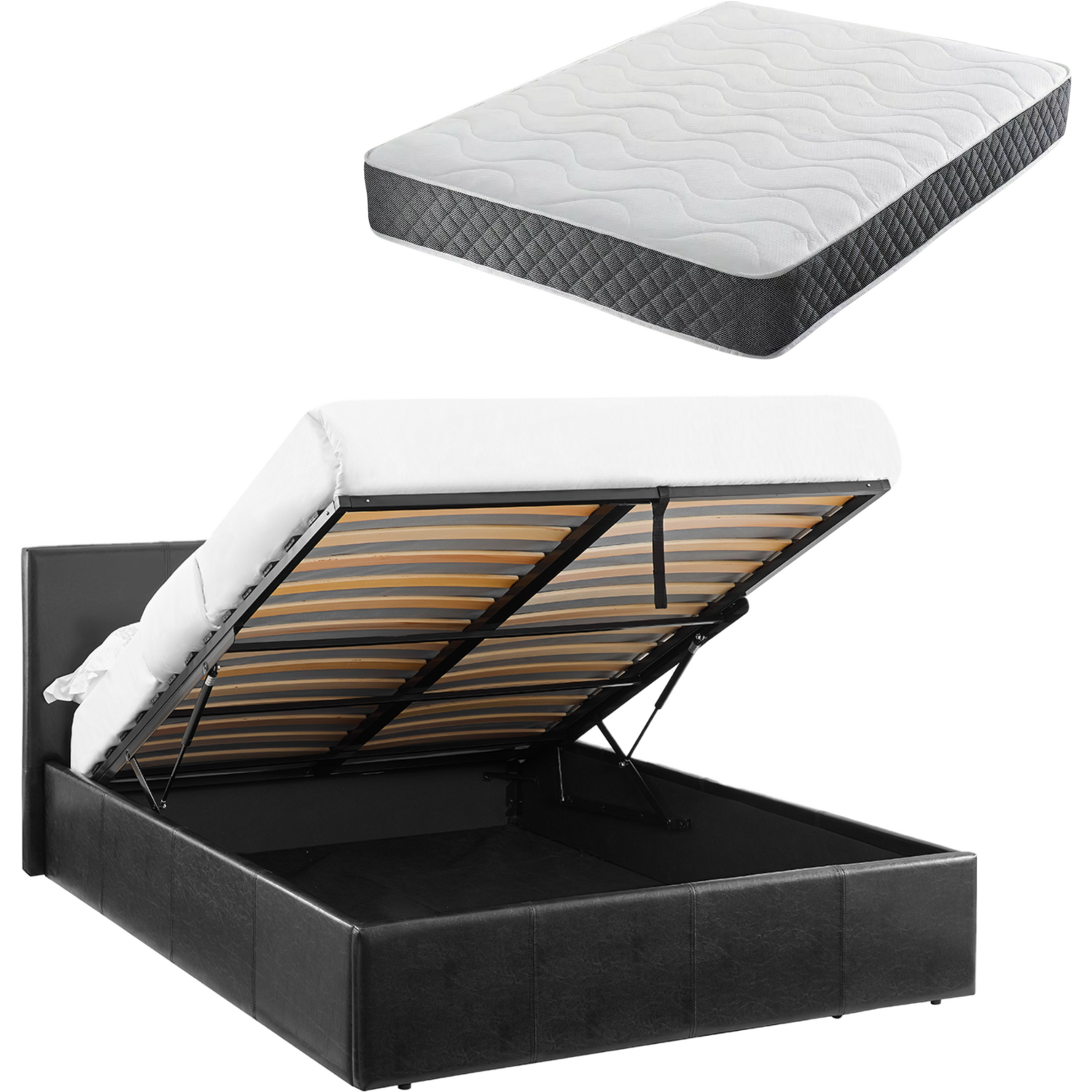 Luna 4Ft Small Double Ottoman Bed Black Faux Leather + Spring & Foam Mattress - Black