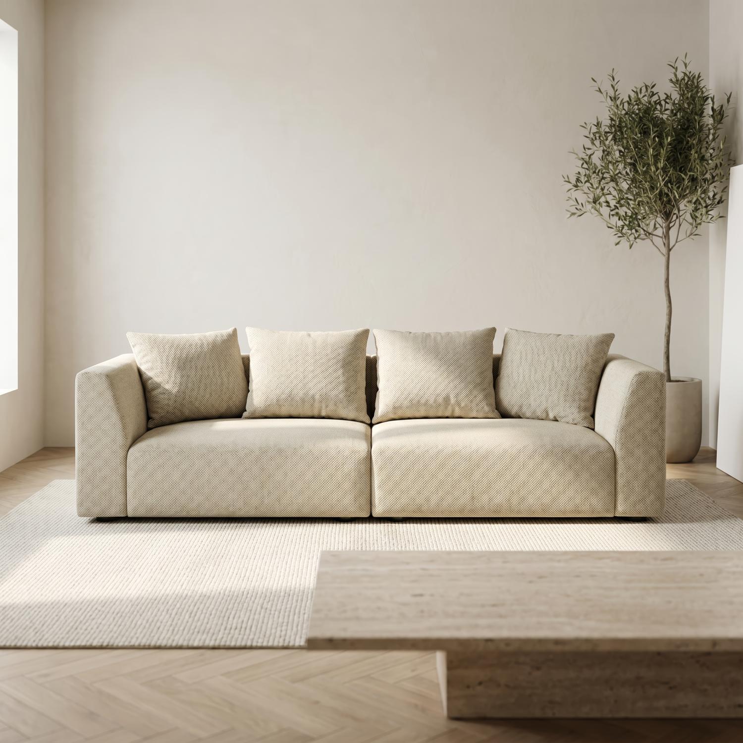 Abakus Direct Tokyo 3 Seater Sofa In Natural Bamboo Basket Weave Fabric With Deep Seat - Warm Beige