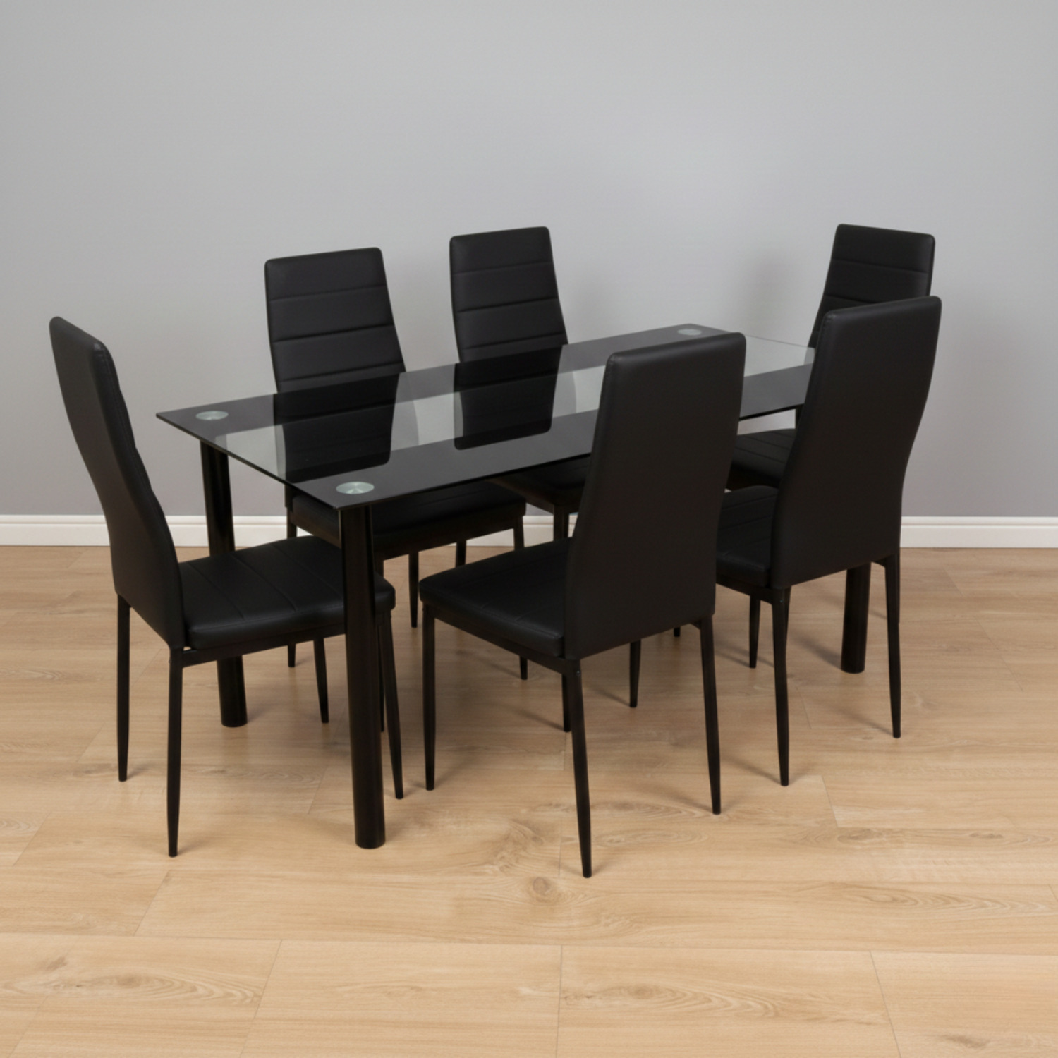 Kosy Koala Dining Table And 6 Chairs Black Clear Glass 6 Faux Leather Black Chairs Dining Room Furniture - Black
