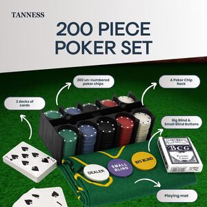 Tanness Poker Set with Casino Chips, Cards, Poker Mat & Metal Carry Tin