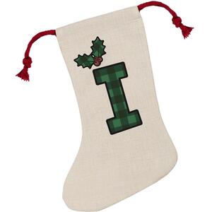 Green Tartan Alphabet Letter I Stocking - Novelty Xmas Gift - Linen-Style With Red Drawstring Ties