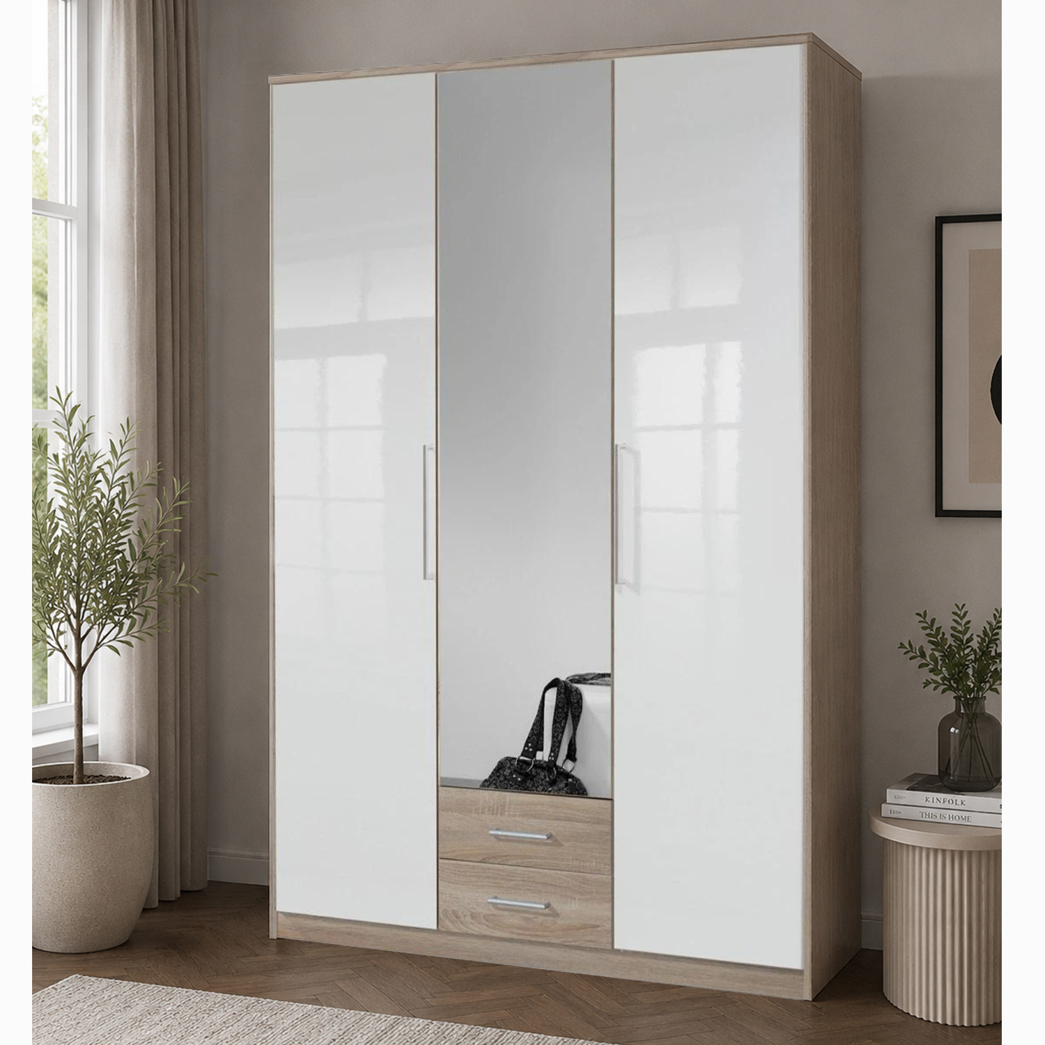 Kdmd Gamma Oak And White 3 Door 135Cm Wardrobe - Oak