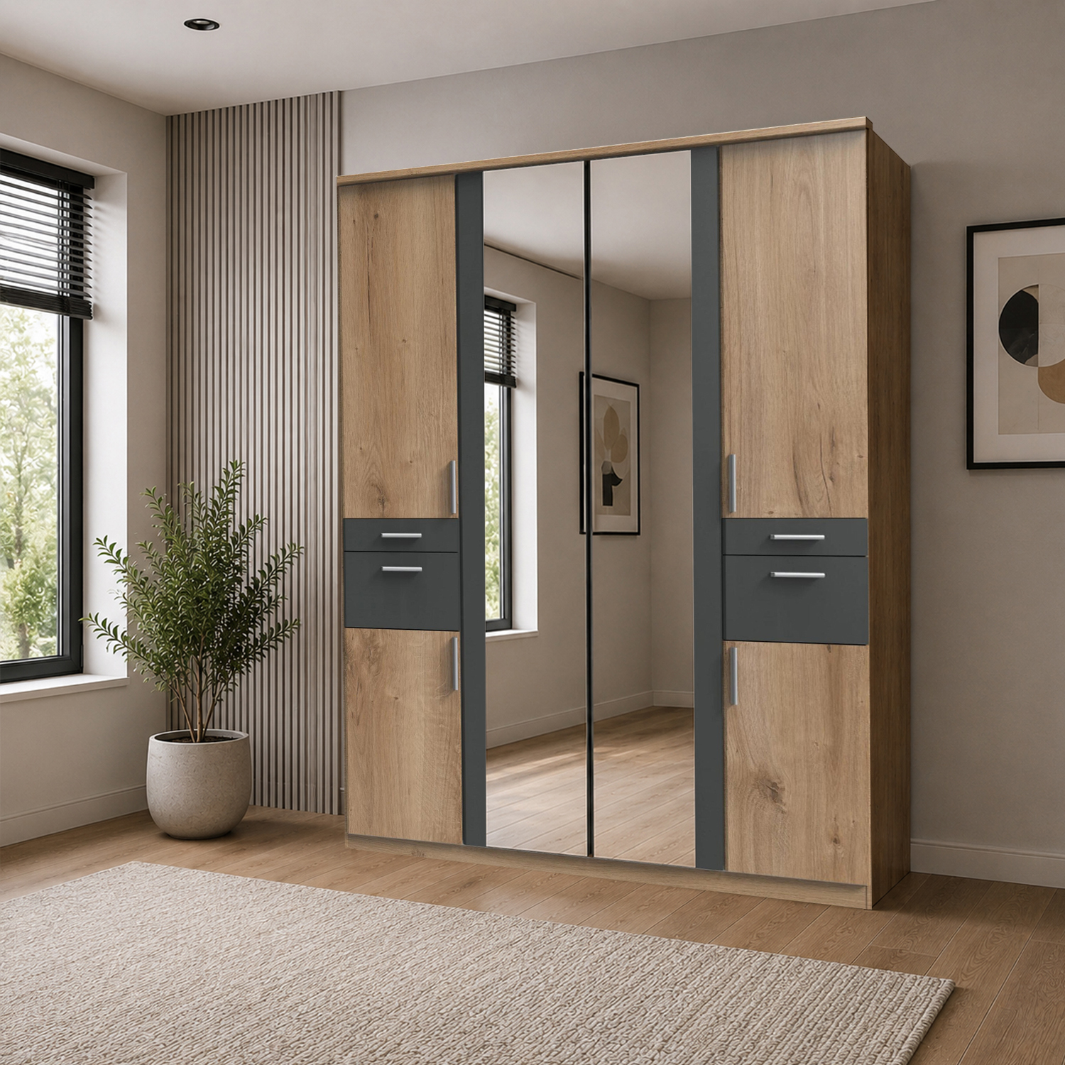Kdmd Koblenz Planked Oak And Graphite 4 Door 180Cm Wardrobe With Mirror - Oak