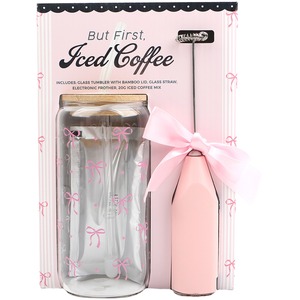 Bow Design Iced Latte Glass and Frother Set