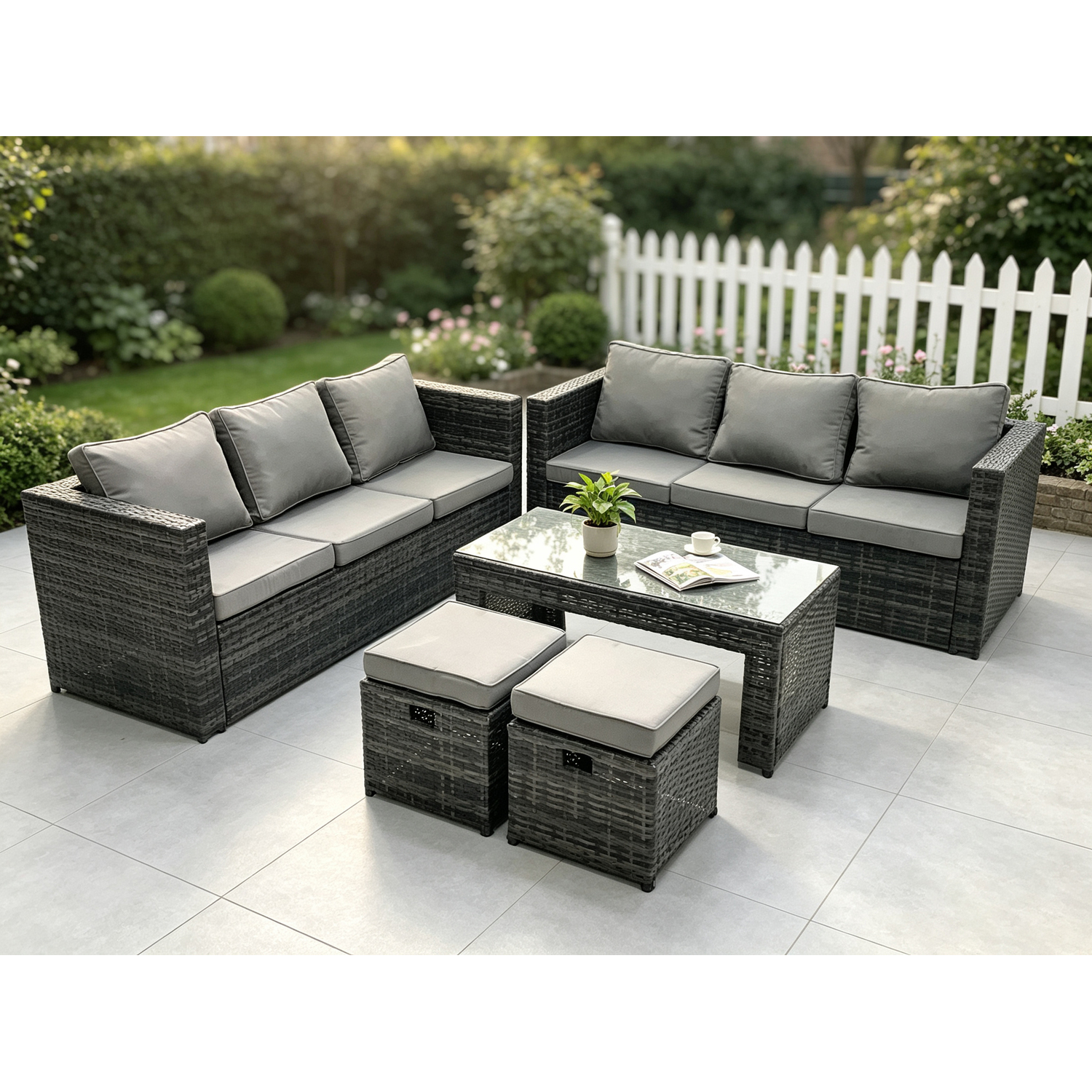 Fimous Unisex Dark Grey Outdoor Rattan Garden Furniture Lounge Sofa Set With Coffee Table Stools In Size 2 - Image 2