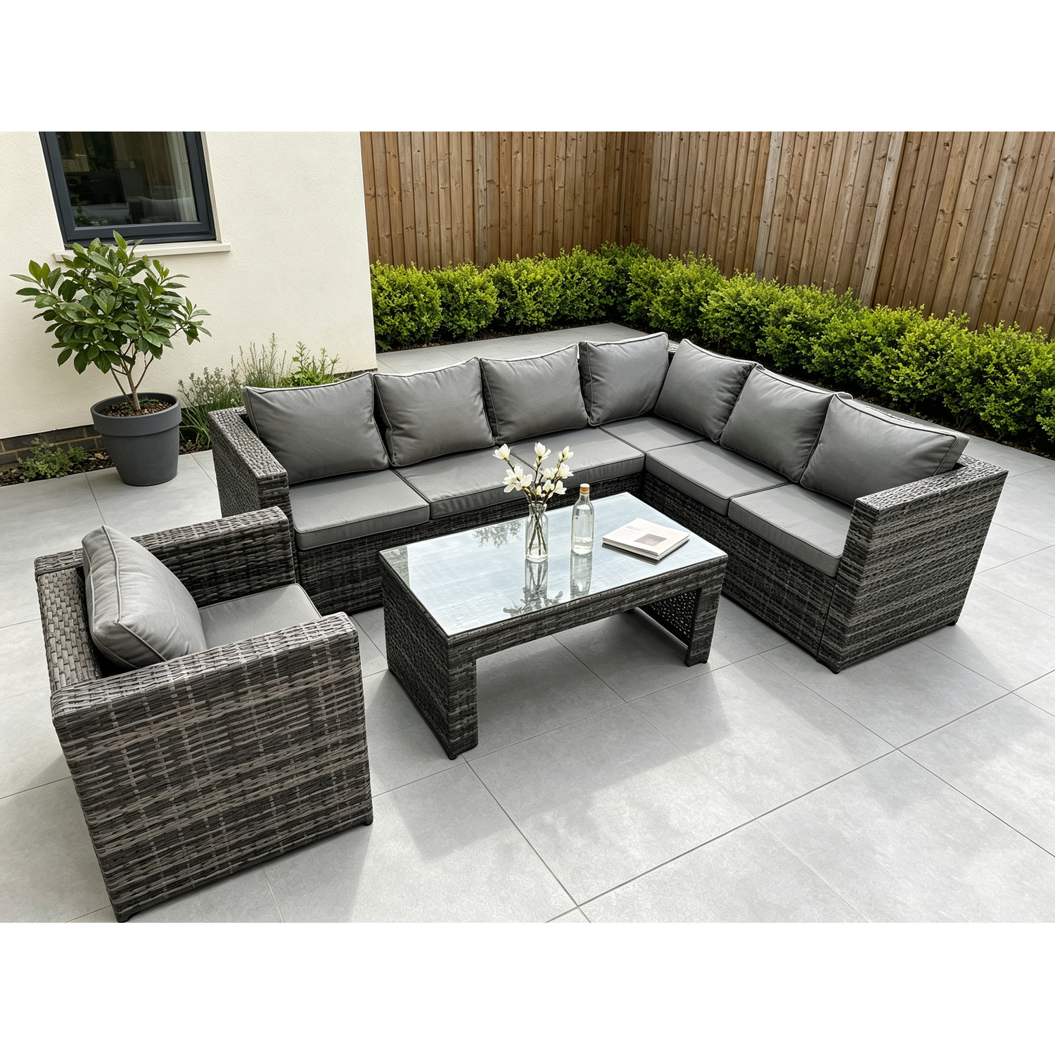 Rackhams Dark/Grey 7 Seater Rattan Corner Sofa Lounge Sofa Set With Rectangular Coffee Table With Arm Chair Mixed - Image 2