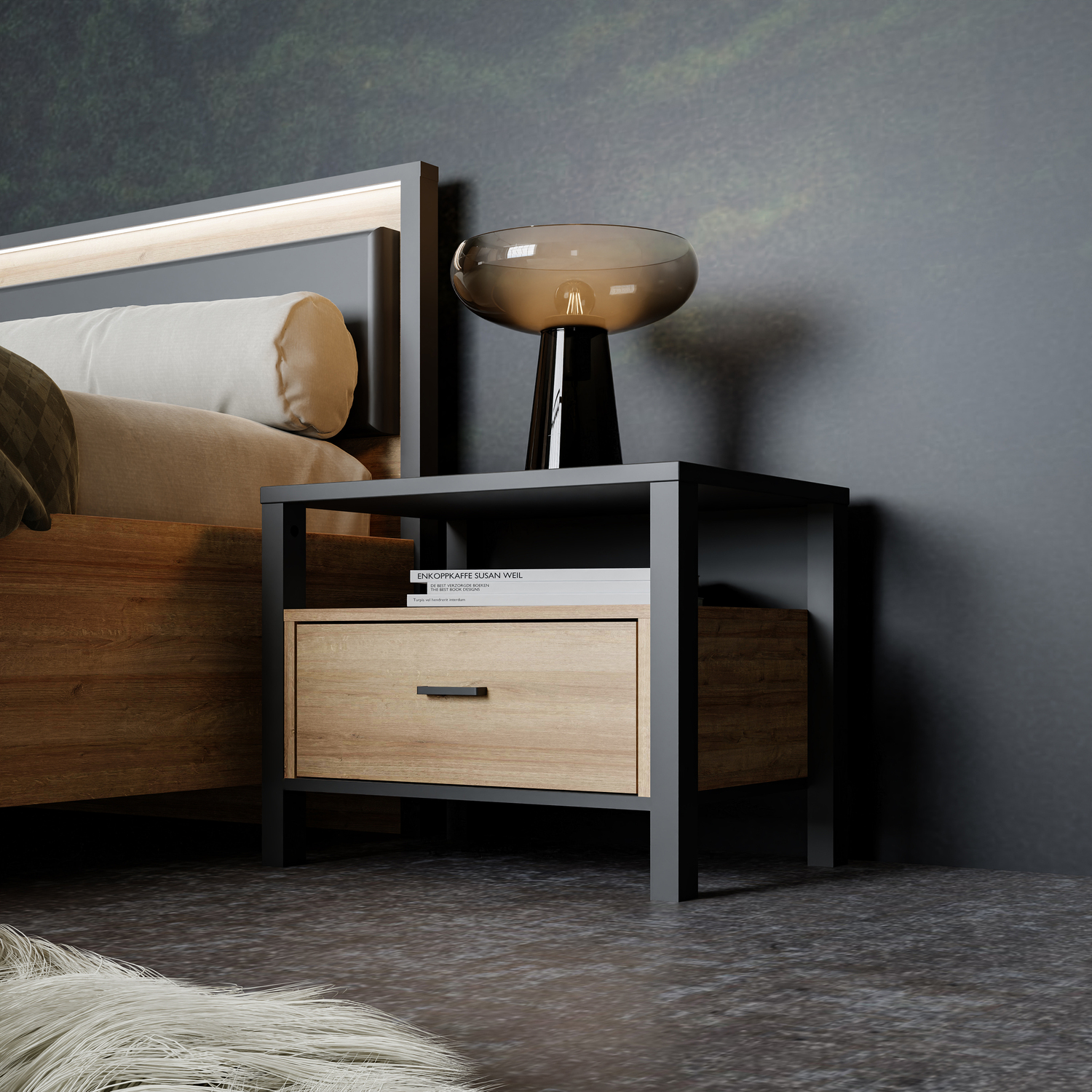 Furniture To Go Florence High Rock Single Drawer Matt Black And Riviera Oak Bedside Table - Image 4