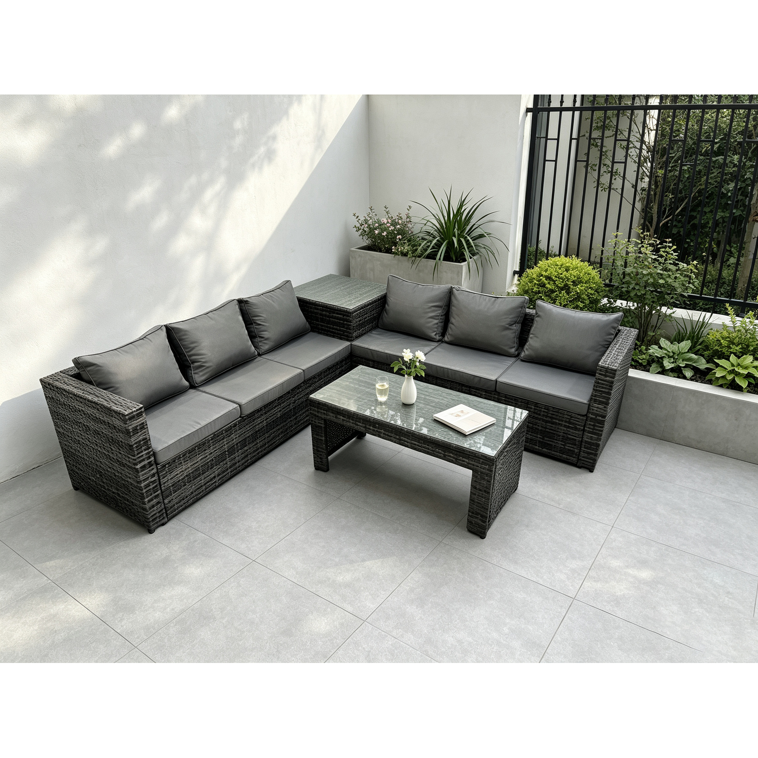 Rackhams Dark/Grey 6 Seater Rattan Corner Sofa Set With Side Table And Rectangular Coffee Table - Mixed - Image 2
