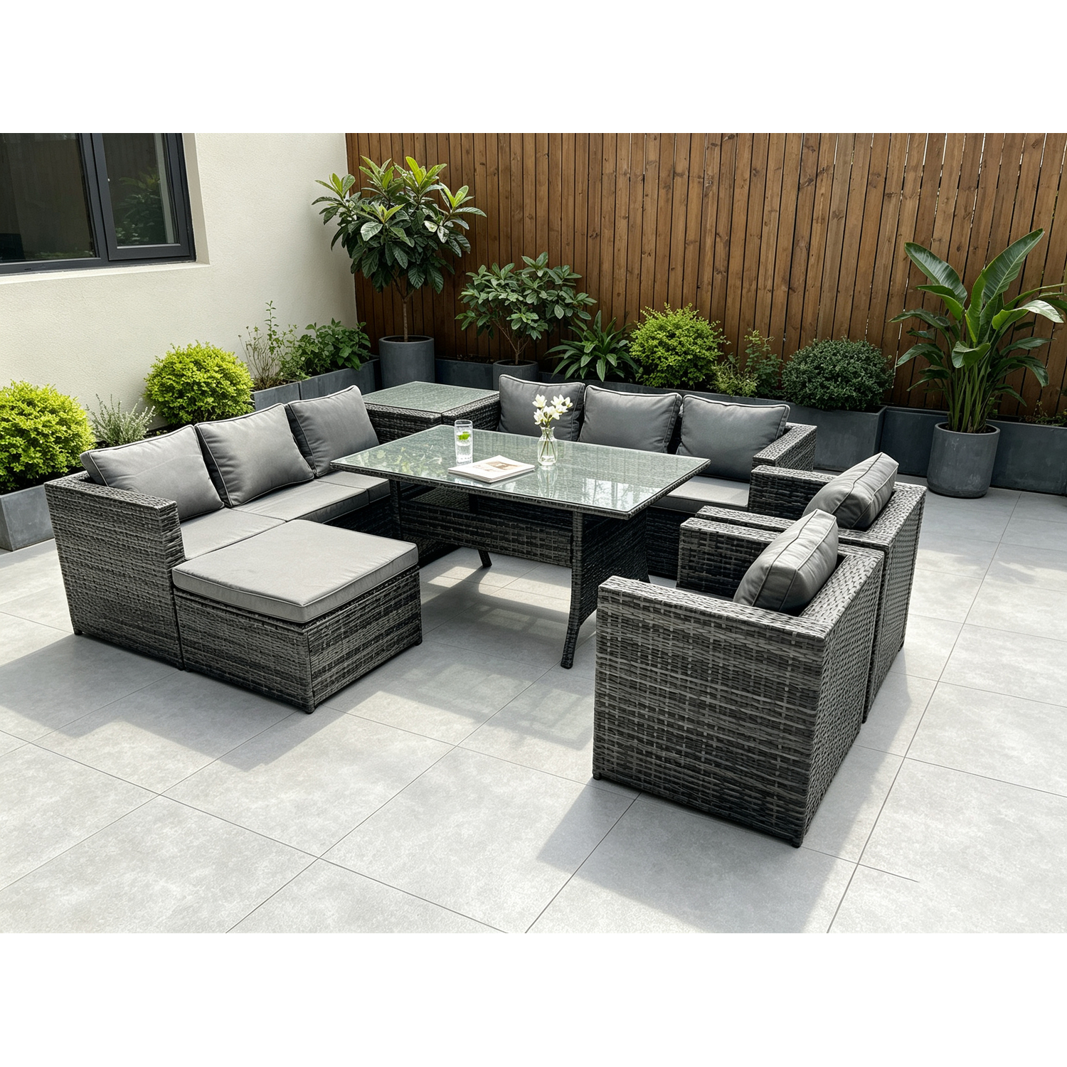Fimous Dark/Grey 9 Seater Mixed Rattan Outdoor Lounge Set - Rectangular Dining Table, 2 Armchairs & Footstool - Image 2