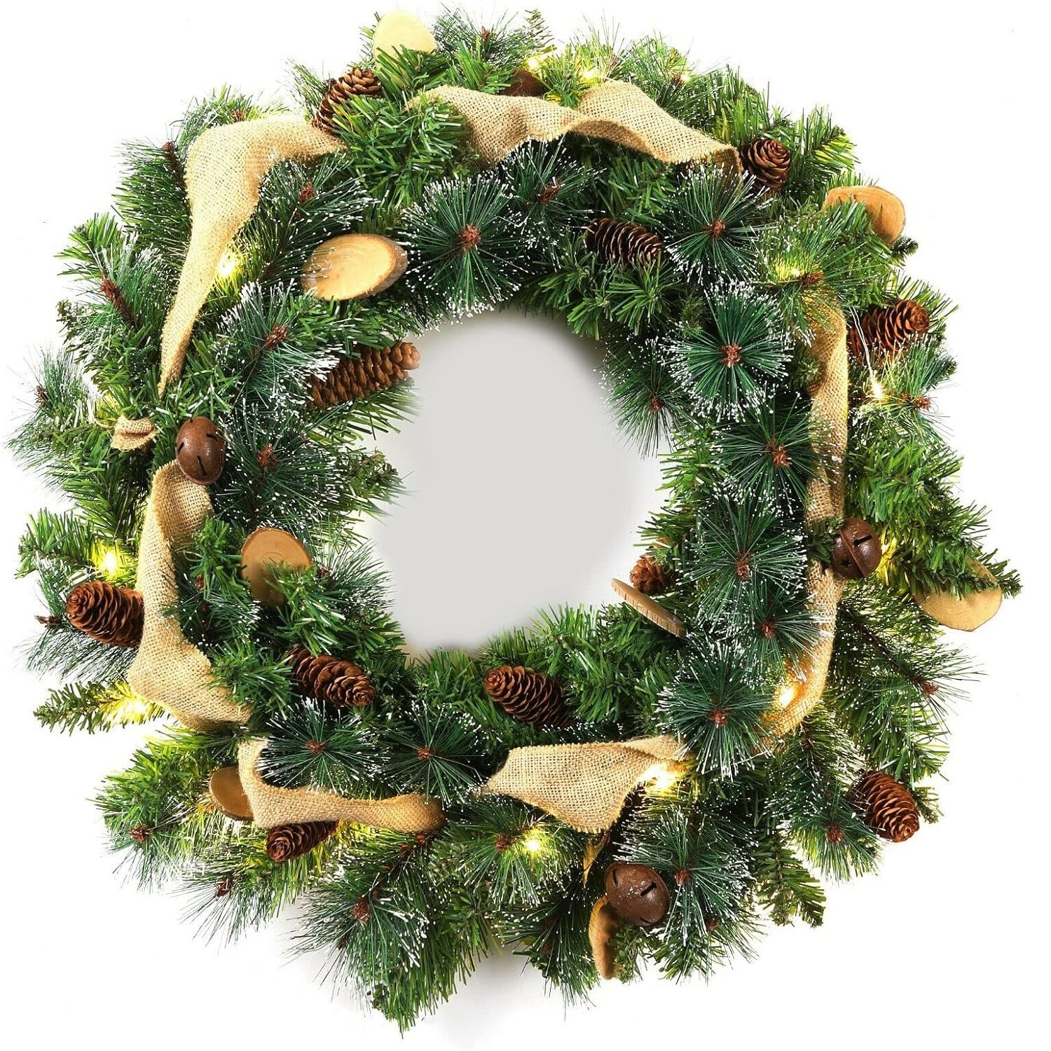 - 24 Inch Christmas Wreath Decorative Christmas With Light Door Winter Pine Cone (Hessian Bell Wood) - Image 2