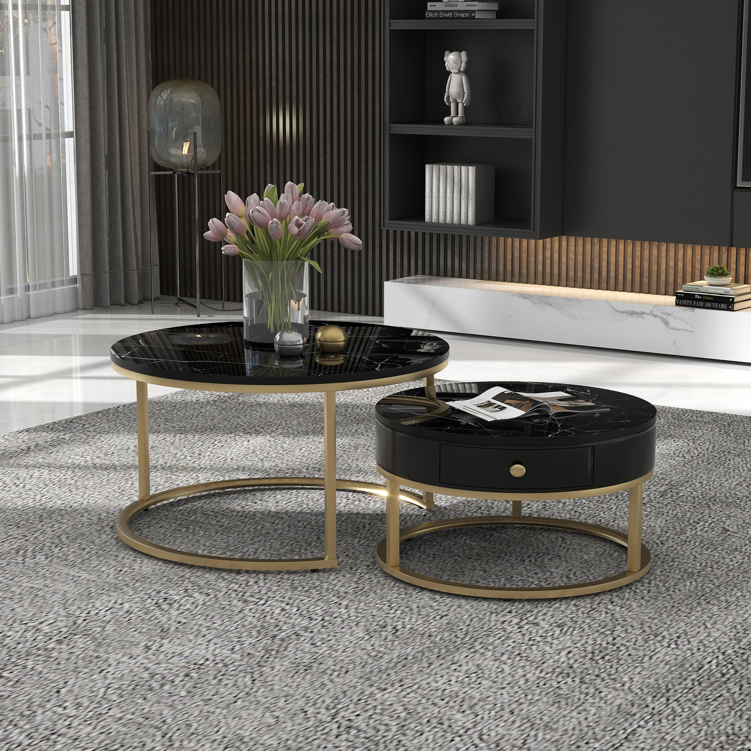 Aka Round Nesting Coffee Tables With Drawer, Storage And Gold Metal Frames - Black