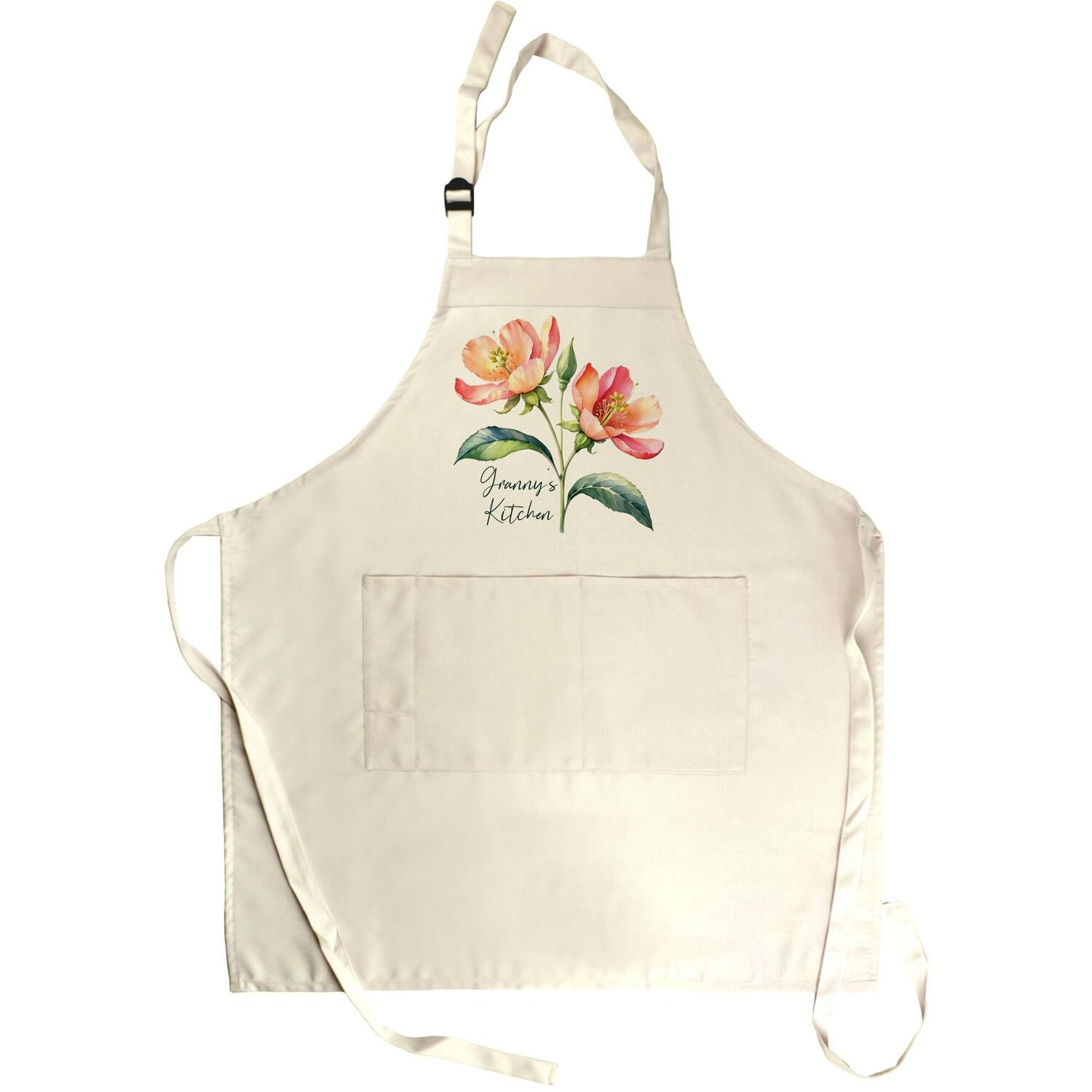 Purely Home Granny Flowers Tan Kitchen Apron With Adjustable Ties & Pocket - Neutral - Image 3