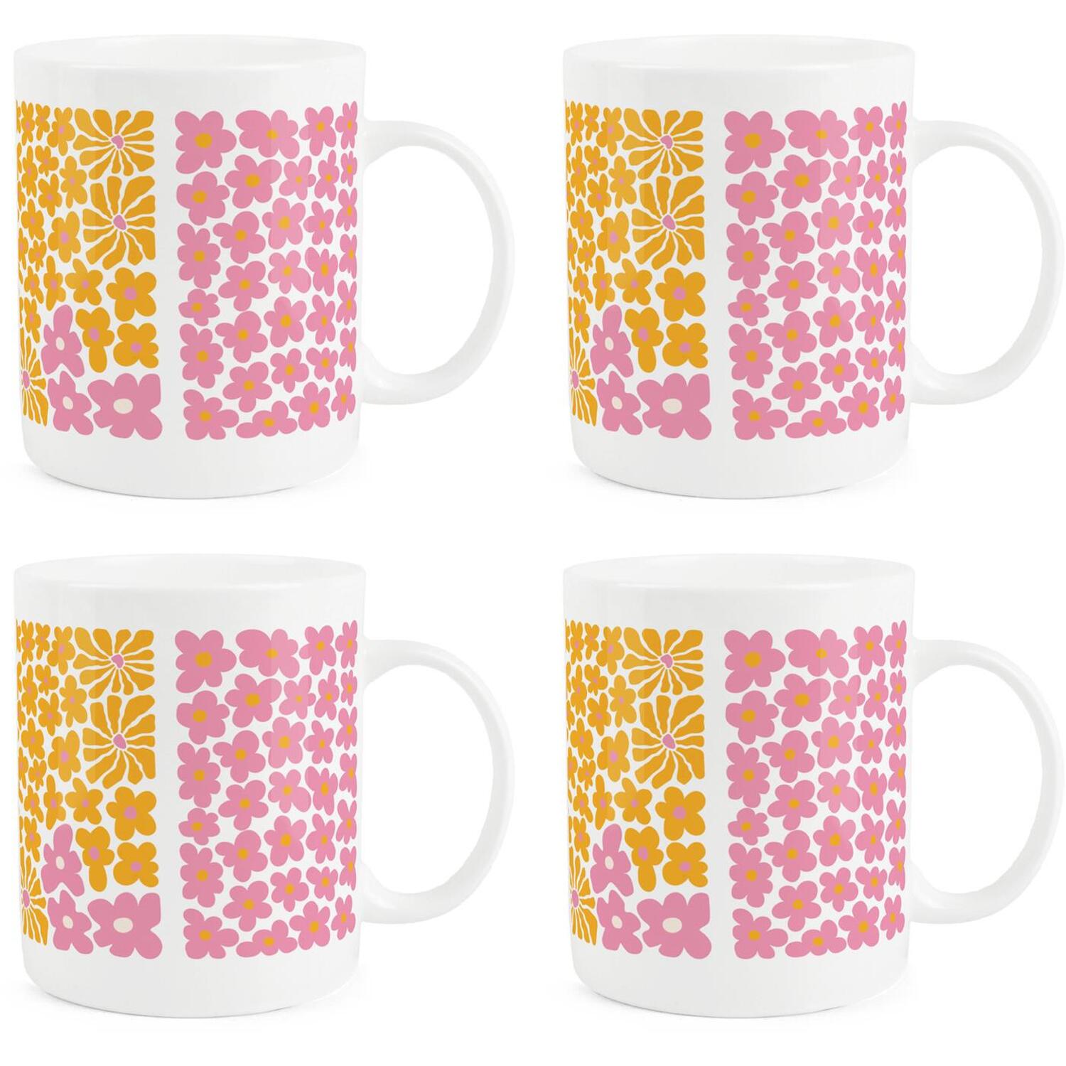 Purely Home Retro Daisy Pop Bone China Mugs - Set Of 4 - White