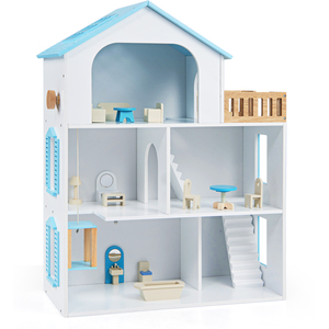 Costway 3 Story Wooden Dollhouse Playset with Rooms-Blue