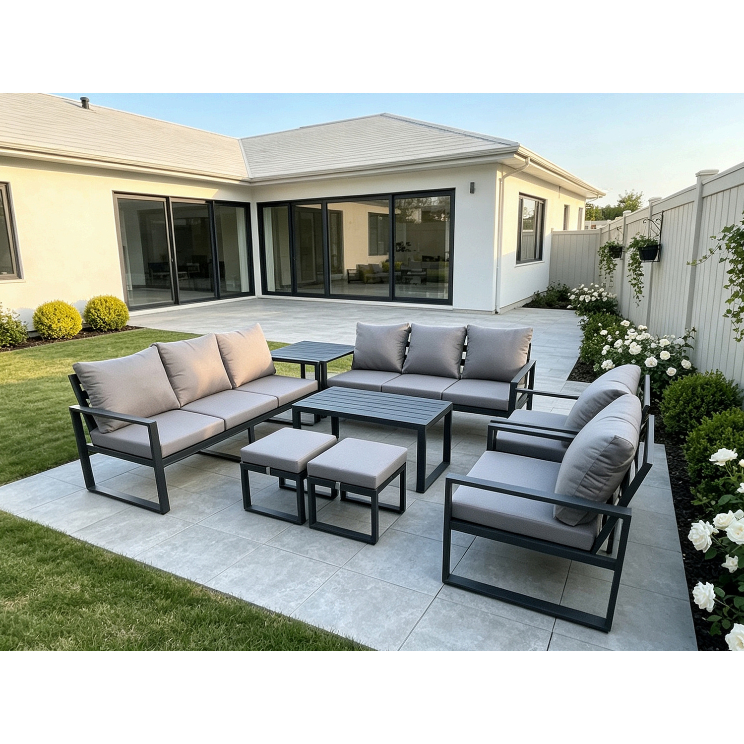 Fimous Dark/Grey Aluminium Outdoor Garden Furniture Lounge Sofa 2 Pc Chairs Oblong Coffee Table Sets With Side Table 2 Small Footstool - Image 2