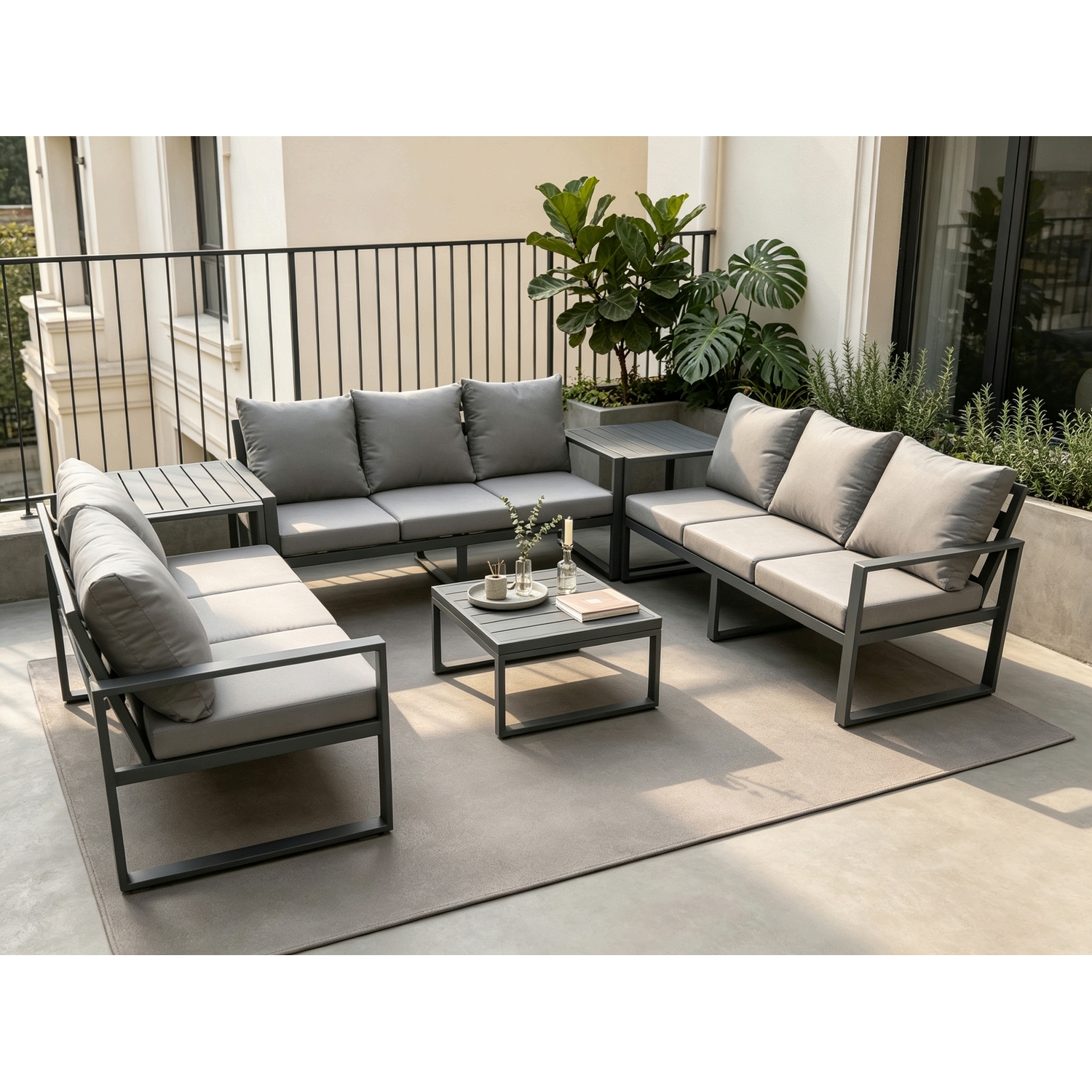 Fimous Aluminium 9 Seater Outdoor Garden Furniture Set Patio Lounge Sofa With Square Coffee Table 2 Conservatory Set Dark Grey - Image 3