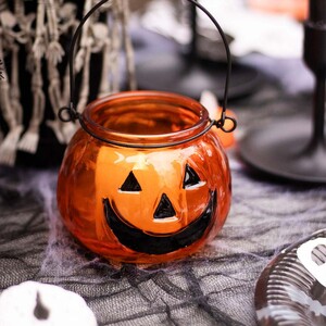 Set of 2 Glass Pumpkin Tealight Holders  Halloween Décor